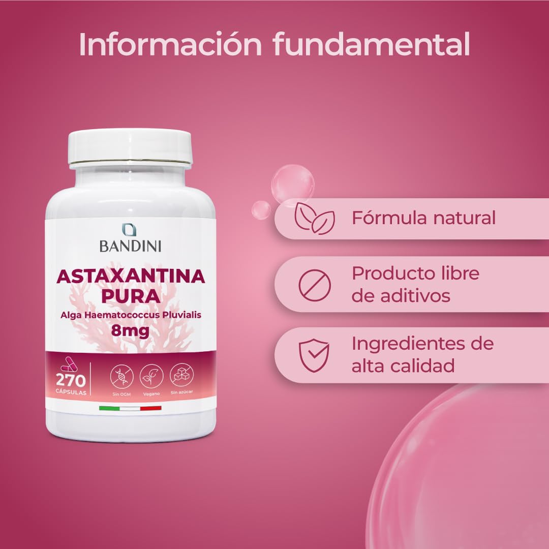 Bandini® Astaxantina pura 270 cápsulas | Oleorresina rica en astaxantina del microalga Haematococcus pluvialis | Potente Antioxidante Natural 8 Mg por dosis diaria | Sin OMG | Suministro para 9 meses