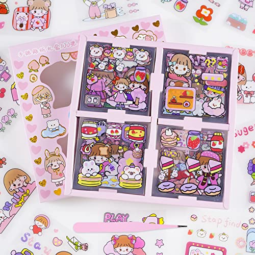 Lot de 100 feuilles d'autocollants mignons pour fille,Rose Kawaii,Autocollant décoratif transparent,Pour journal indésirable,Artisanat,Album photo, planificateur, calendrier et carnet de notes Cover