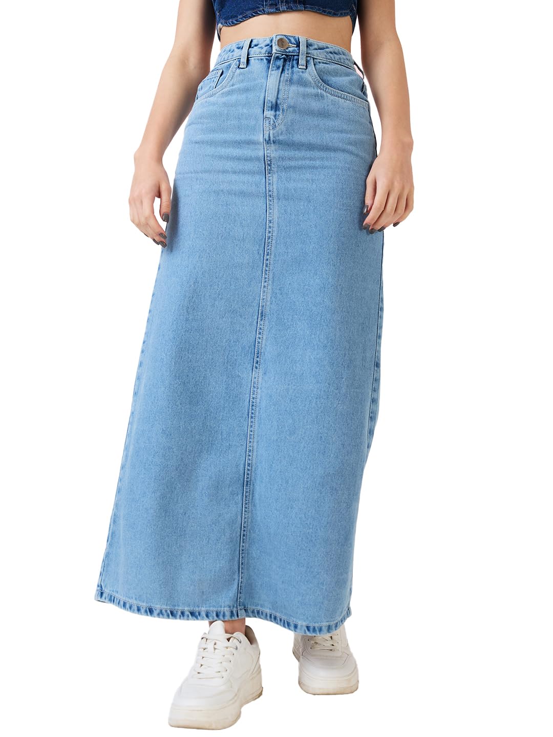 Women Stretchable Mid Rise Back Slit Maxi Denim Pencil Skirt-image-7
