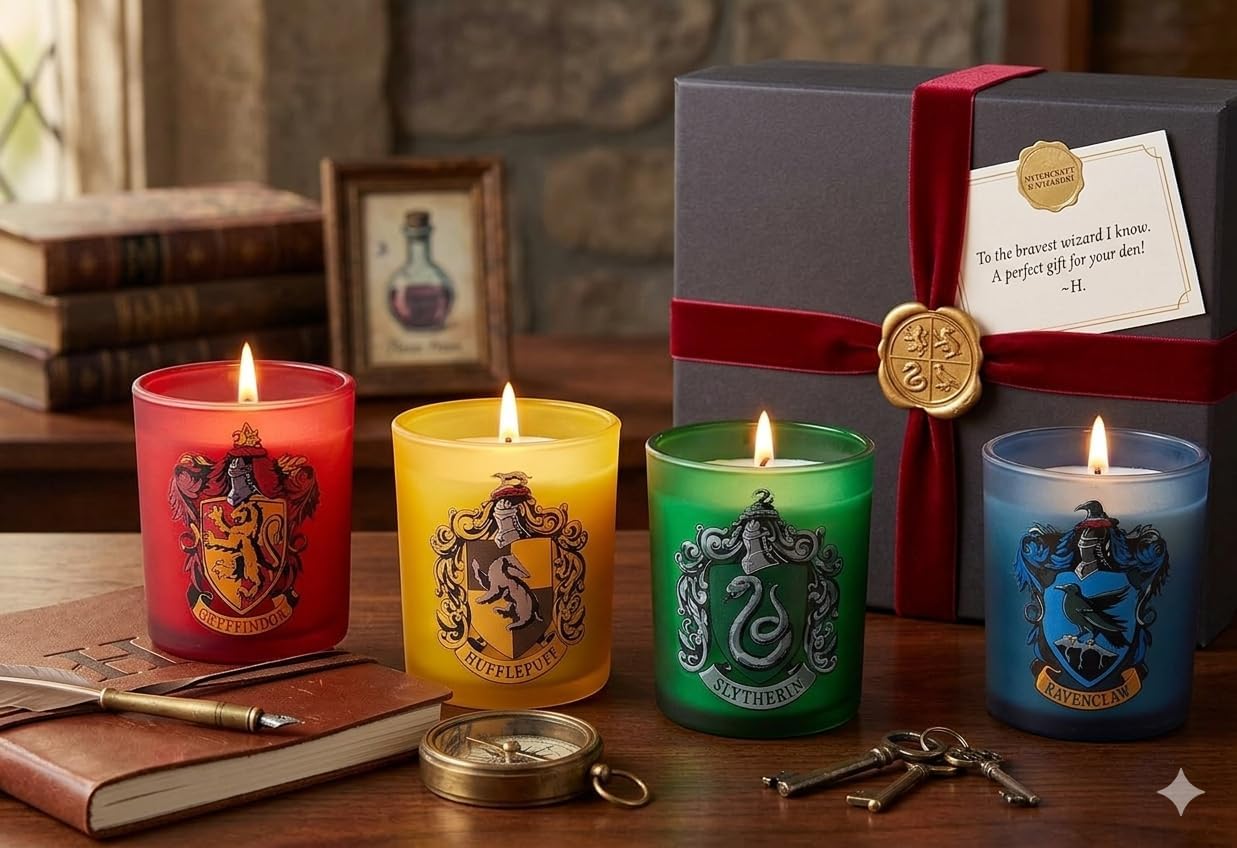 Harry Potter Candles Hogwarts House Crests - Gryffindor, Slytherin, Ravenclaw, Hufflepuff - Wizarding World Collectible Decor Gift for Teens and Adults - Set of 4, Unscented Wax 3oz Votive