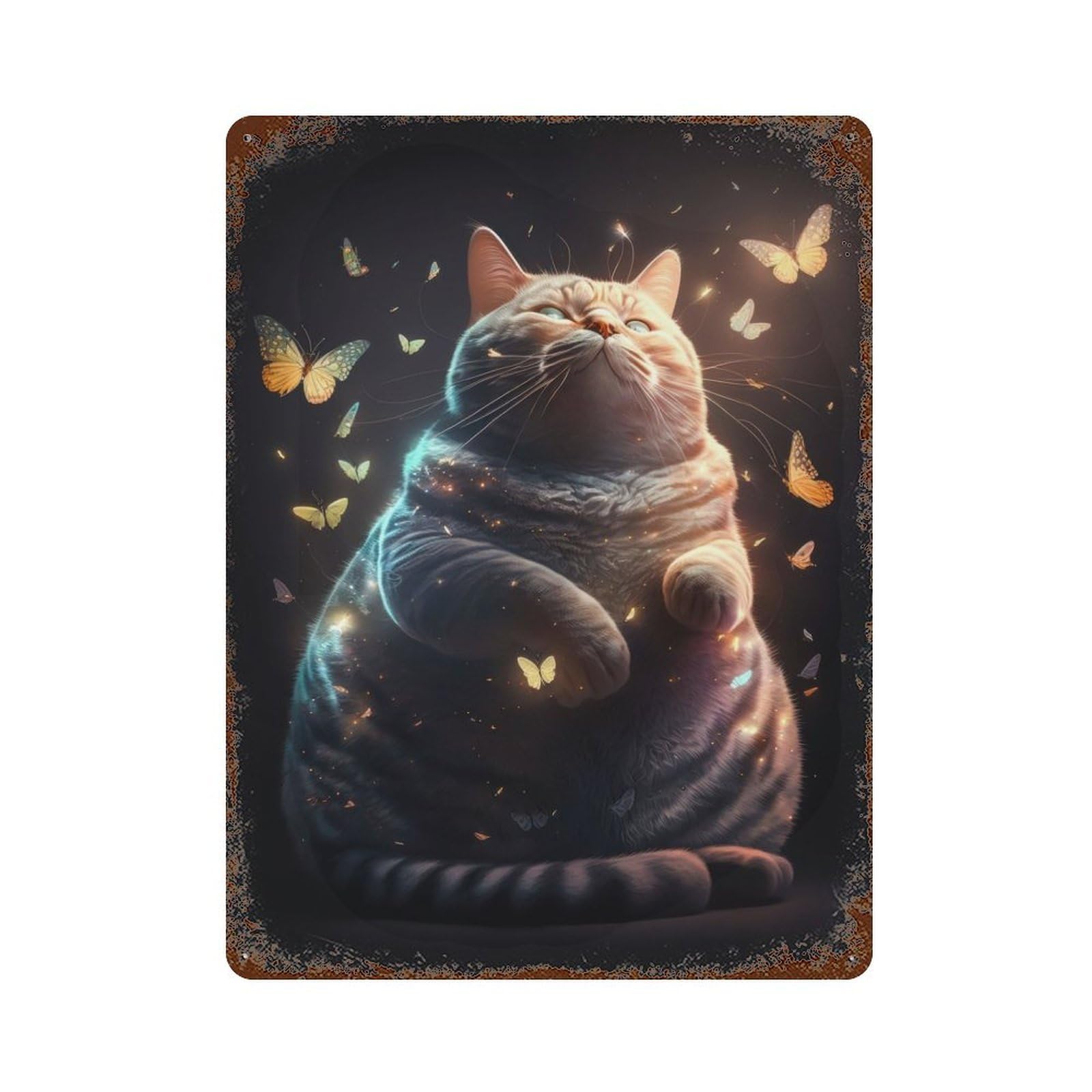 Rust Effect Fat Cat Butterfly Fantasy Weathered Tin Sign 15.7"x11.8", Farmhouse Wall Decor for Farmhouse, Kitchen And Entryway Decor