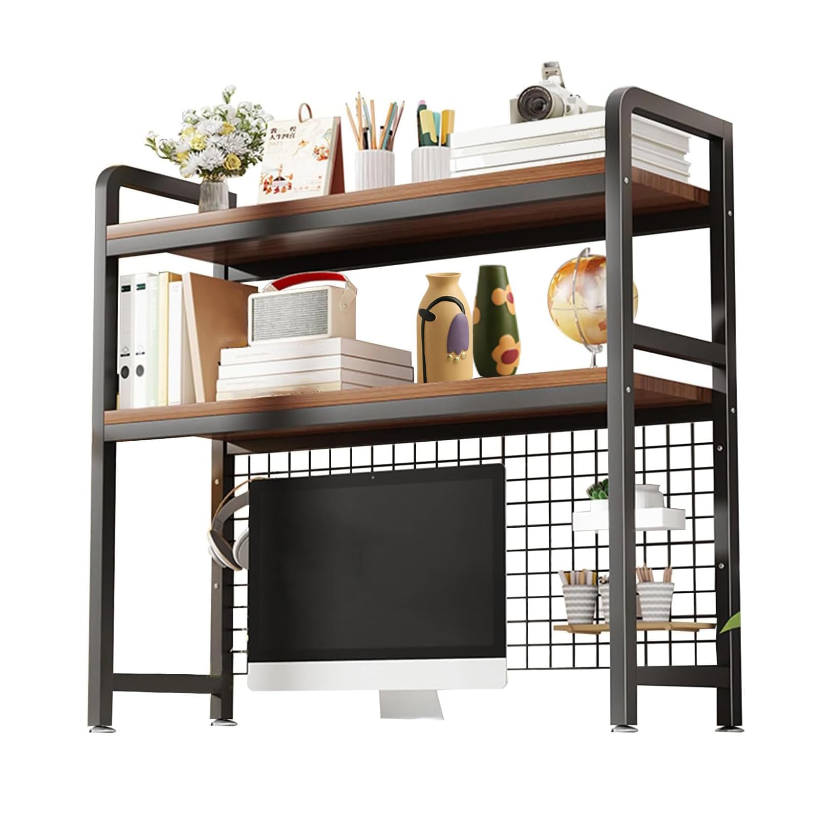 FPIGSHS 2-Tier Desktop Bookshelf Metal/wood Multipurpose Countertop Hutch Organizer Shelf, Desk Shelf unit Office Storage Shelves Desktop Display stand (black, 115cm)