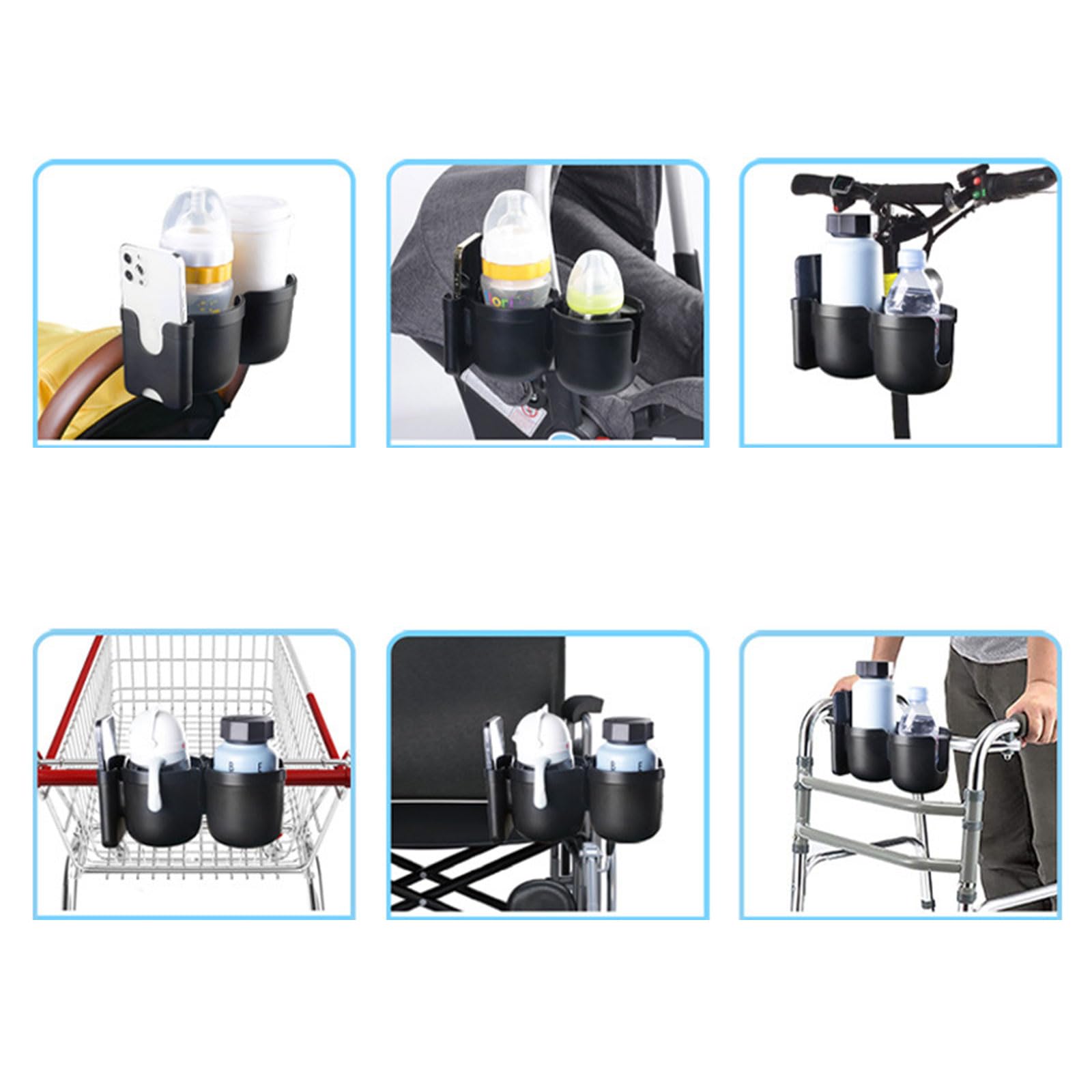 Getränkehalter für Kinderwagen, 360° drehbar, Doppel-Flaschen-Organizer mit Handy für Rollstuhl, Walker, Handy für Kinderwagen