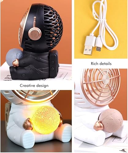 Miniatura 6 de Mini ventilador portátil de astronauta de dibujos animados, lindo ventilador de escritorio recargable con luz de bolsillo personal, luz nocturna