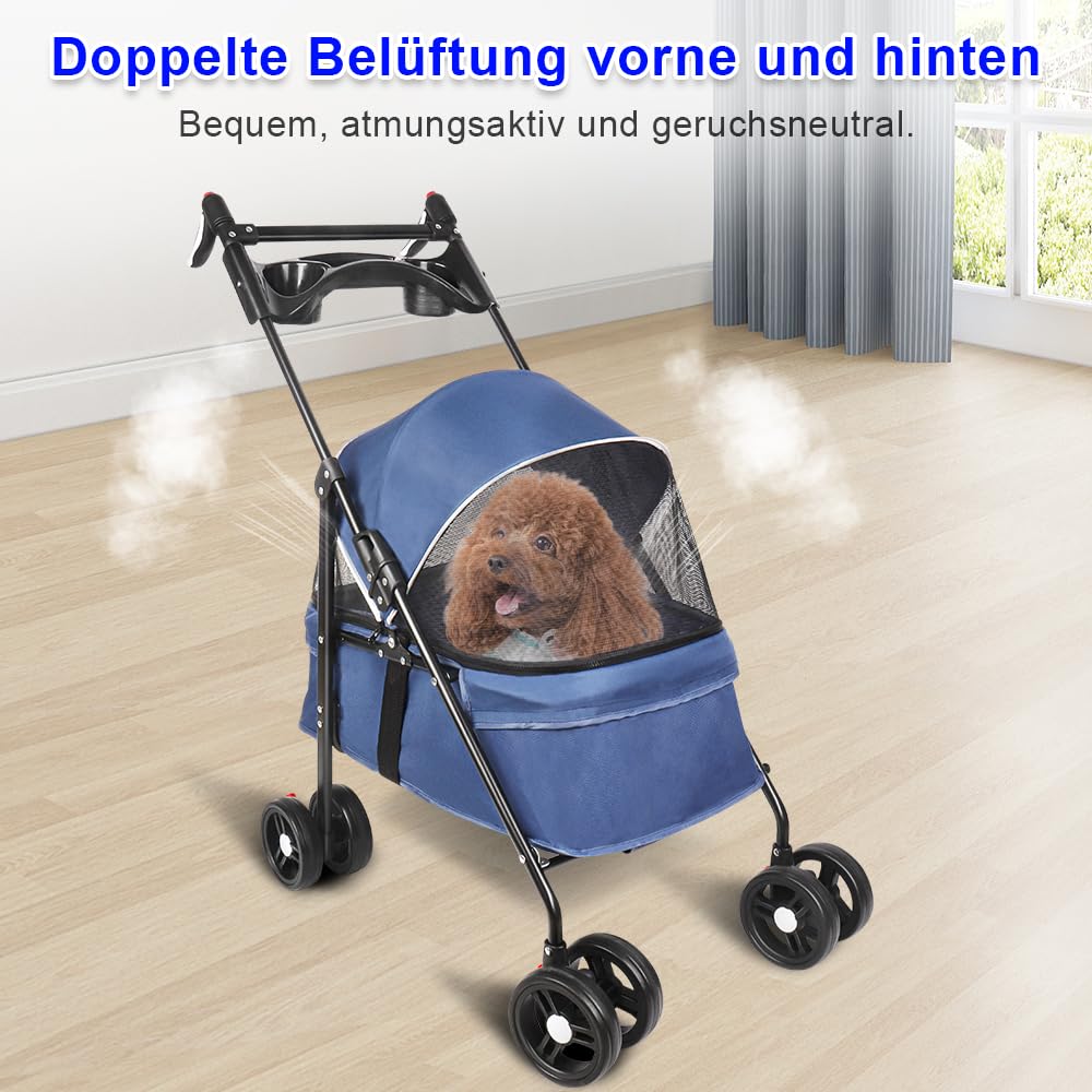 XANNI Passeggino pieghevole per cane gatto, passeggino gatto con portabicchiere, ruota con freno, capacità di carico 20 kg, per cani e gatti piccoli, 50 x 70 x 95 cm (blu)