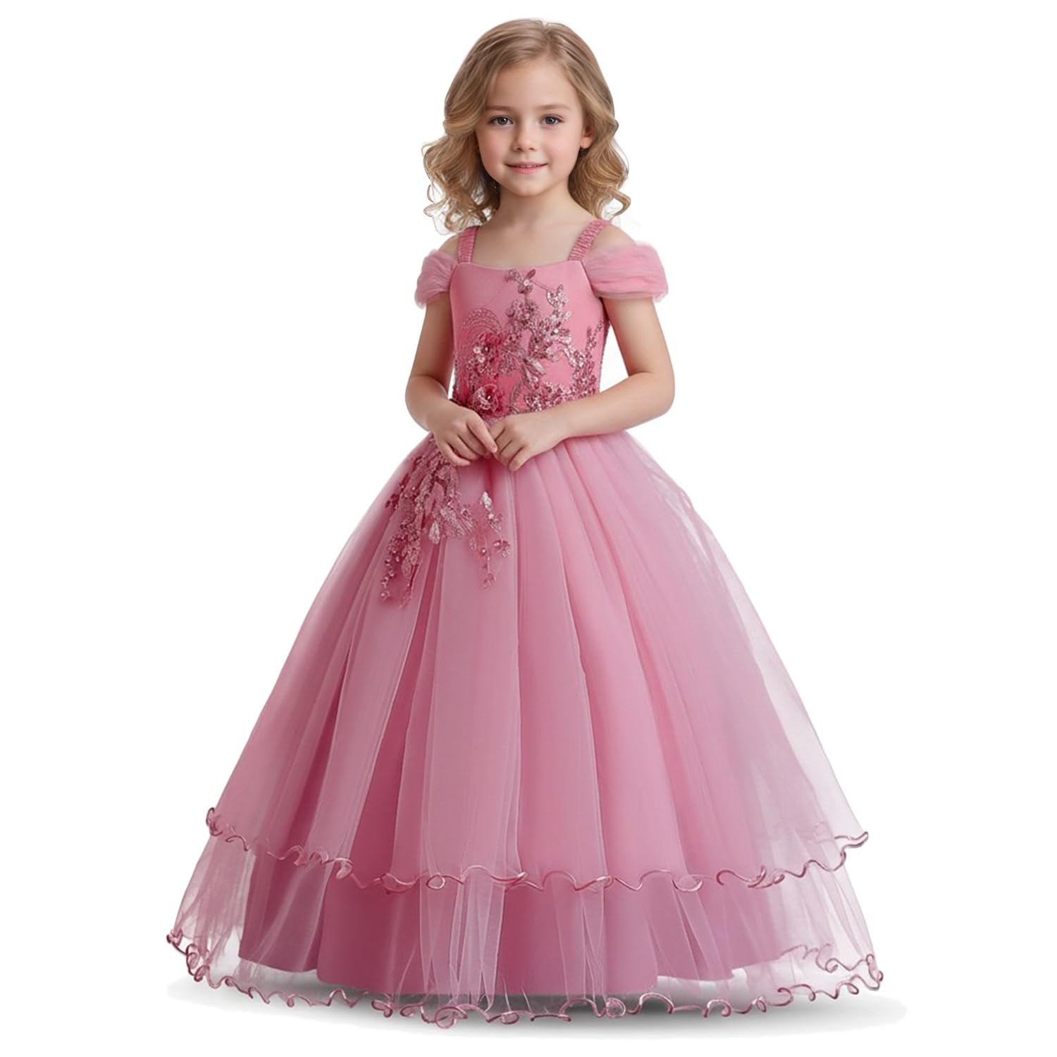 Girl Embroidery Strapless Shoulder Lace Princess Pageant Dress Prom Ball Gown