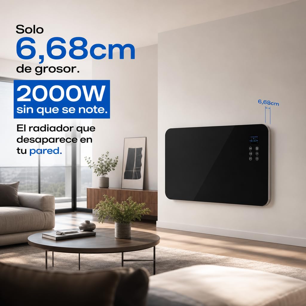 Emisor Térmico de Cristal 2000W, 2 Potencias, IP24, Temporizador, Negro