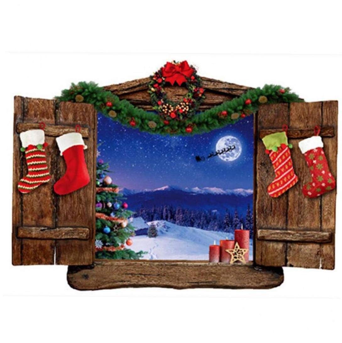 LAVALINK Christmas Night Wall Sticker 3d Fake Window Stickers Moon Snow View Wall Art Mural Home Decoration Poster Wallpaper 70 * 50cm