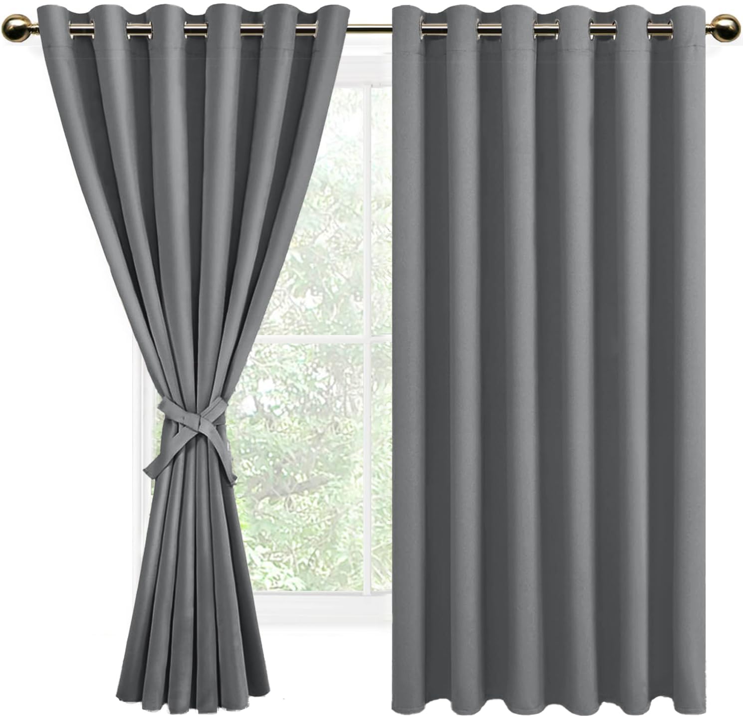 DWCN Grey Curtains for Living Room with Tiebacks Thermal Insulated Solid Eyelet Blackout Curtains for Bedroom,90" Wide x 72" Drop, 2 Panels โ image 1