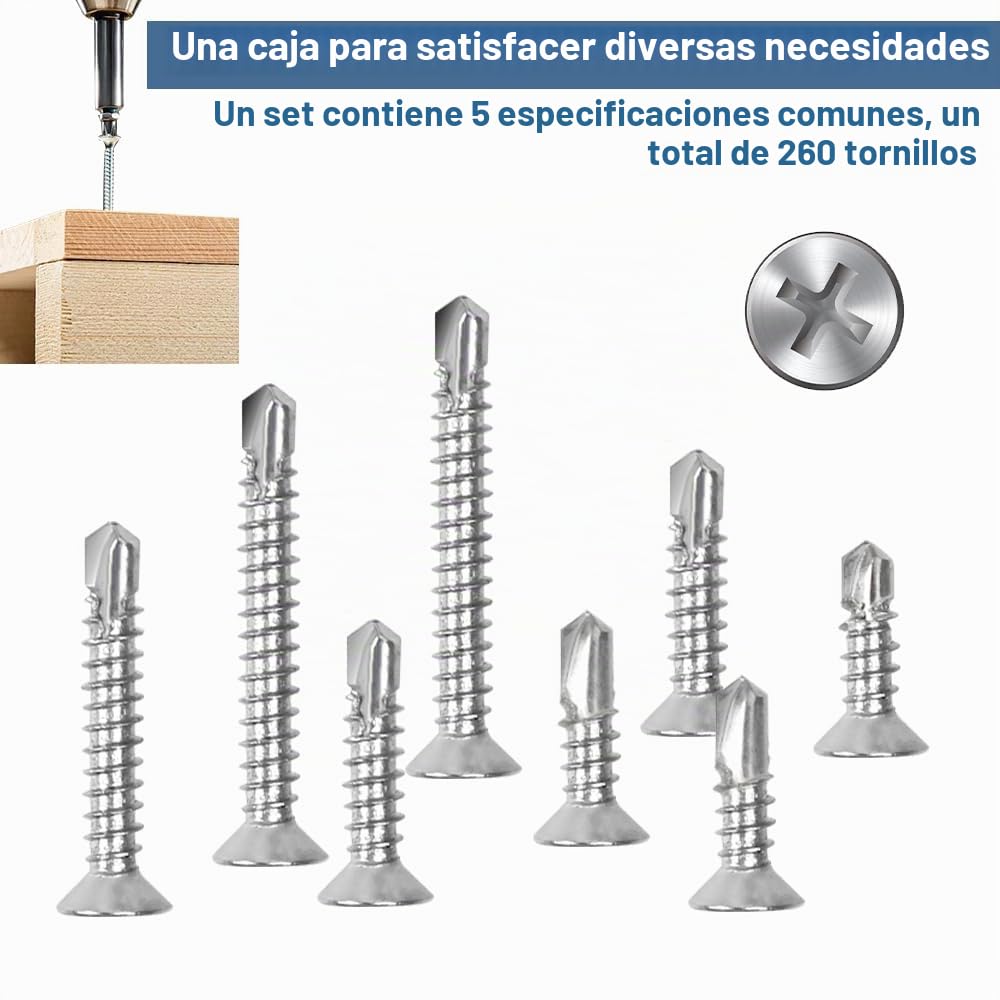 260 PCS Tornillos Autorroscantes de Acero Inoxidable 4.2 x 13/16/19/25/32 mm, Tornillos Autoperforantes de Cabeza Plana, Juego deTornillos Roscachapas para Metal, Láminas, Plástico y Madera