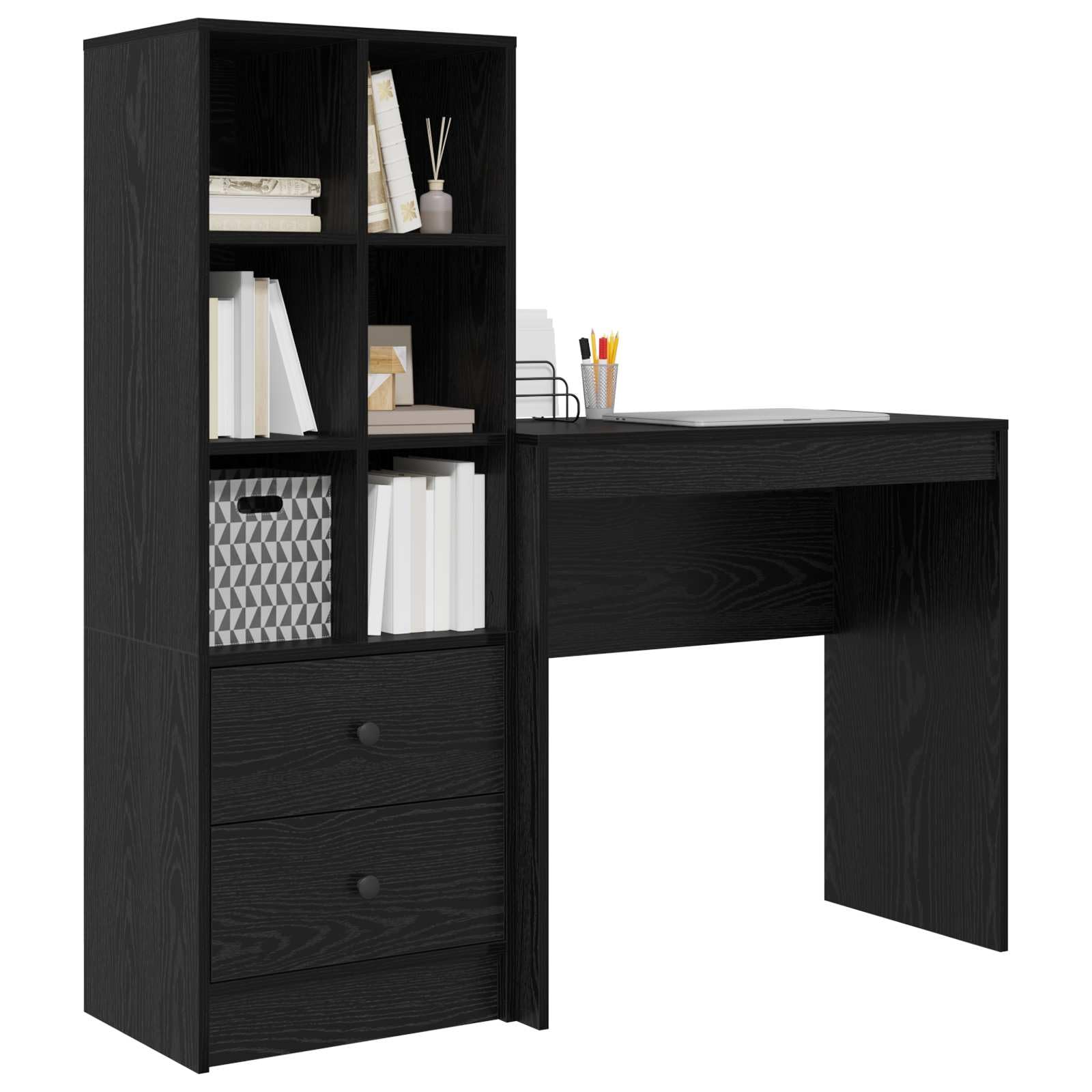 Schreibtisch mit Schubladen und Regal in Schwarz Eichen-Optik, 125,5 x 40 x 127 cm, Holzwerkstoff, 2-teiliges Set für Büro, Homeoffice, Arbeitszimmer mit Stauraum und Ablage