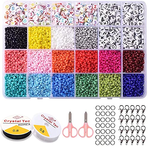 Lostwry 6800pcs Glasperlen Set, Farben Perlen zum Basteln Mini Glasperlen zum Auffädeln Buchstabenperlen Kit Runde Mehrfarbig Perlen für Schmuckherstellung DIY Armband Geschenk 3mm