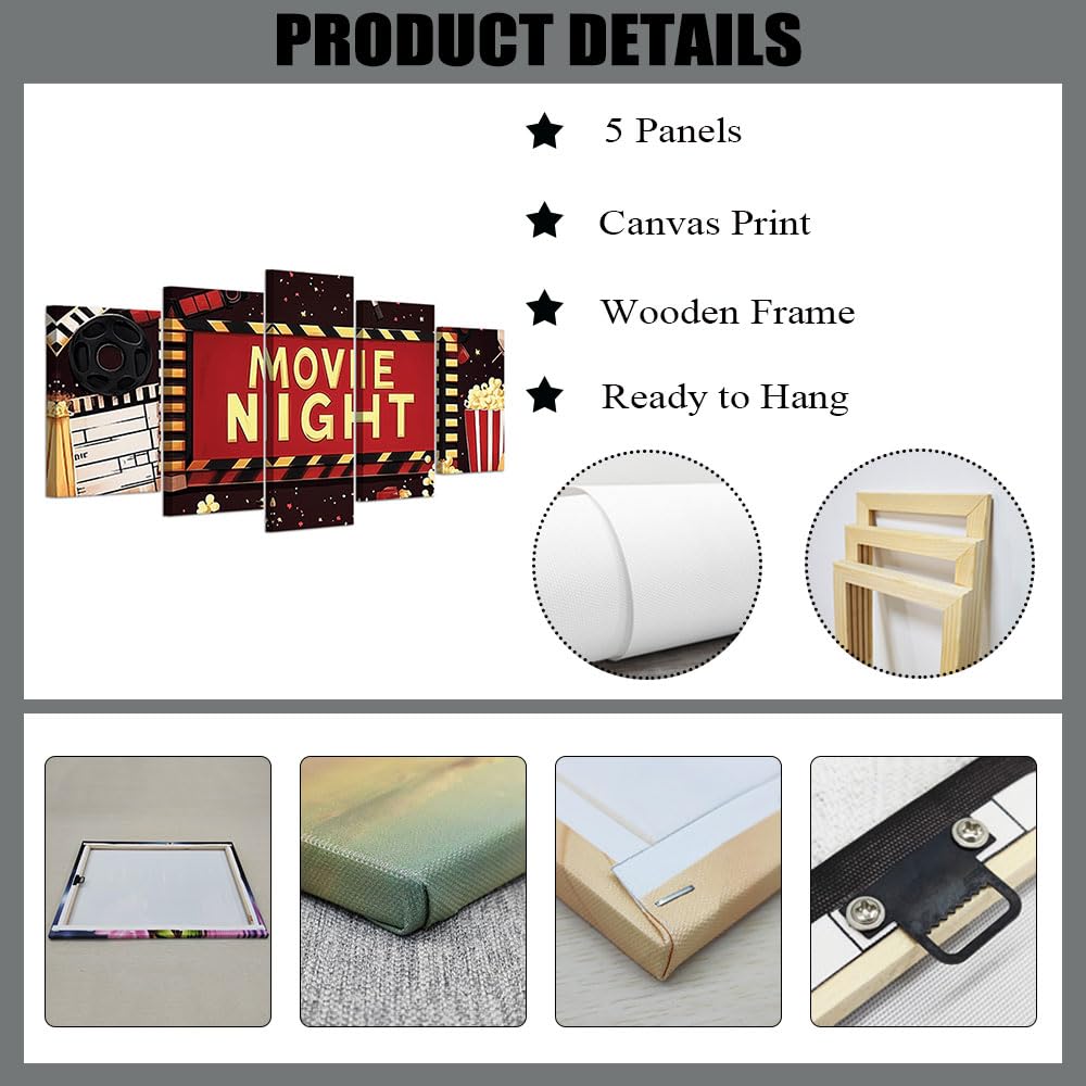 CXHOSTENT Film-Leinwandkunst Heimkino-Wanddekoration 5-teilig Filmnacht-Bilder Popcorn-Poster Film-Kunstwerk Heimdekoration gerahmt (20x35cmx2 20x45cmx2 20x55cmx1)