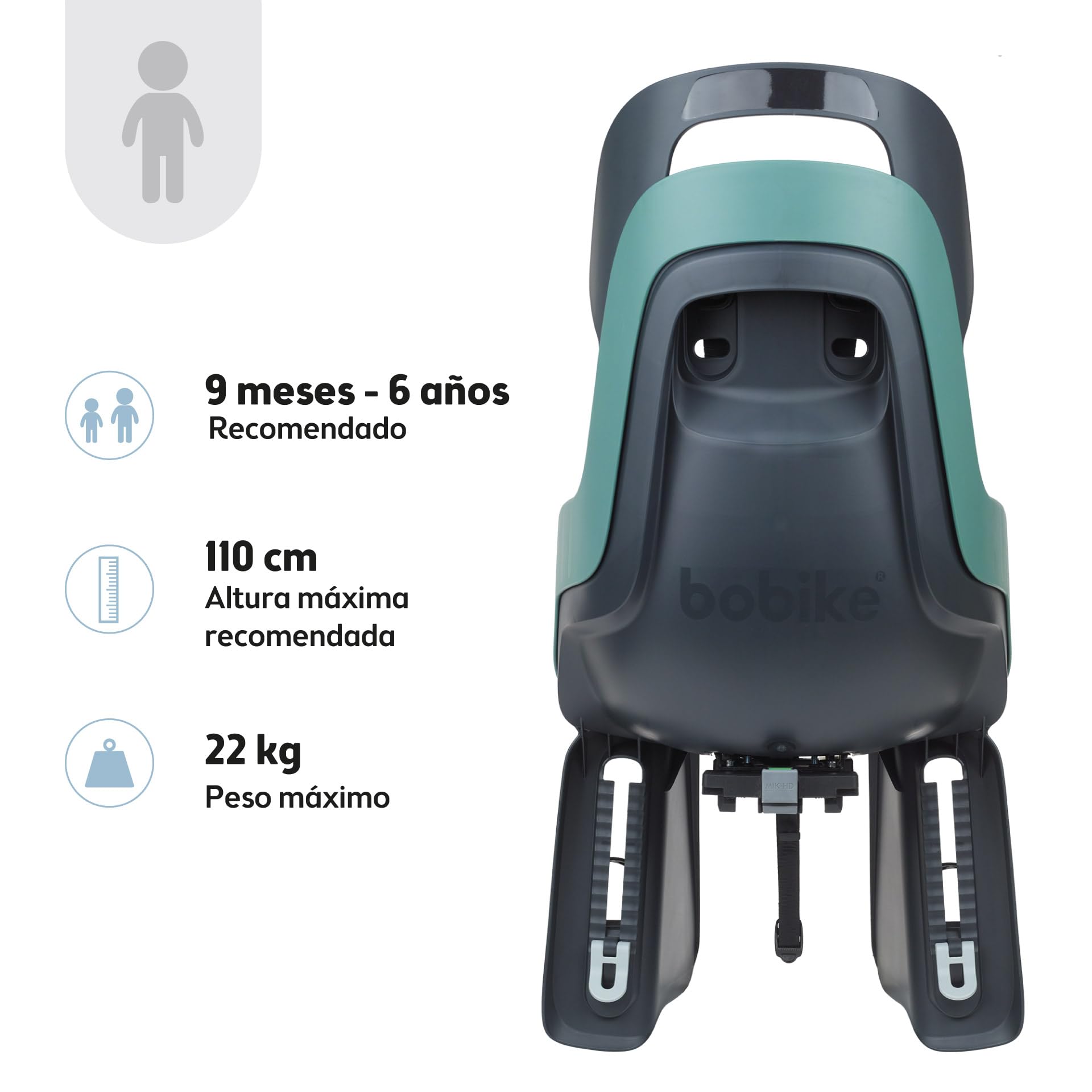 BOBIKE 8012300016 - Silla Bicicleta Trasera GO Maxi para Portaequipajes MIK-HD – Segura y fácil de Montar, Adecuada para niños de 9 Meses a 6 años, hasta 22 kg, Menta