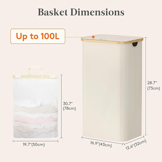 Lifewit 100L Laundry Basket with Lid 2 Compartments, Large Washing Basket with Removable Laundry Bags and Bamboo Handles, Clothes Hampers for Laundry, Bathroom, Bedroom, Dorm, Cream White