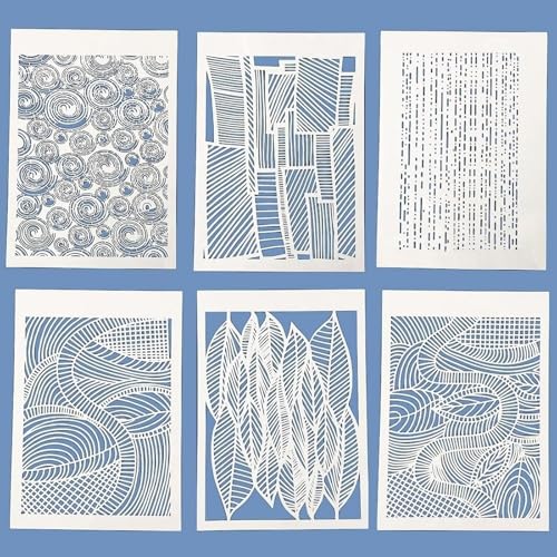 TIAMECH 6 Pcs A4 Reusable Geometric Stencils for Painting - Hollow Leaves & Abstract Curve Lines Texture Layering Templates, DIY Wall Art, Furniture, Scrapbook & Crafts