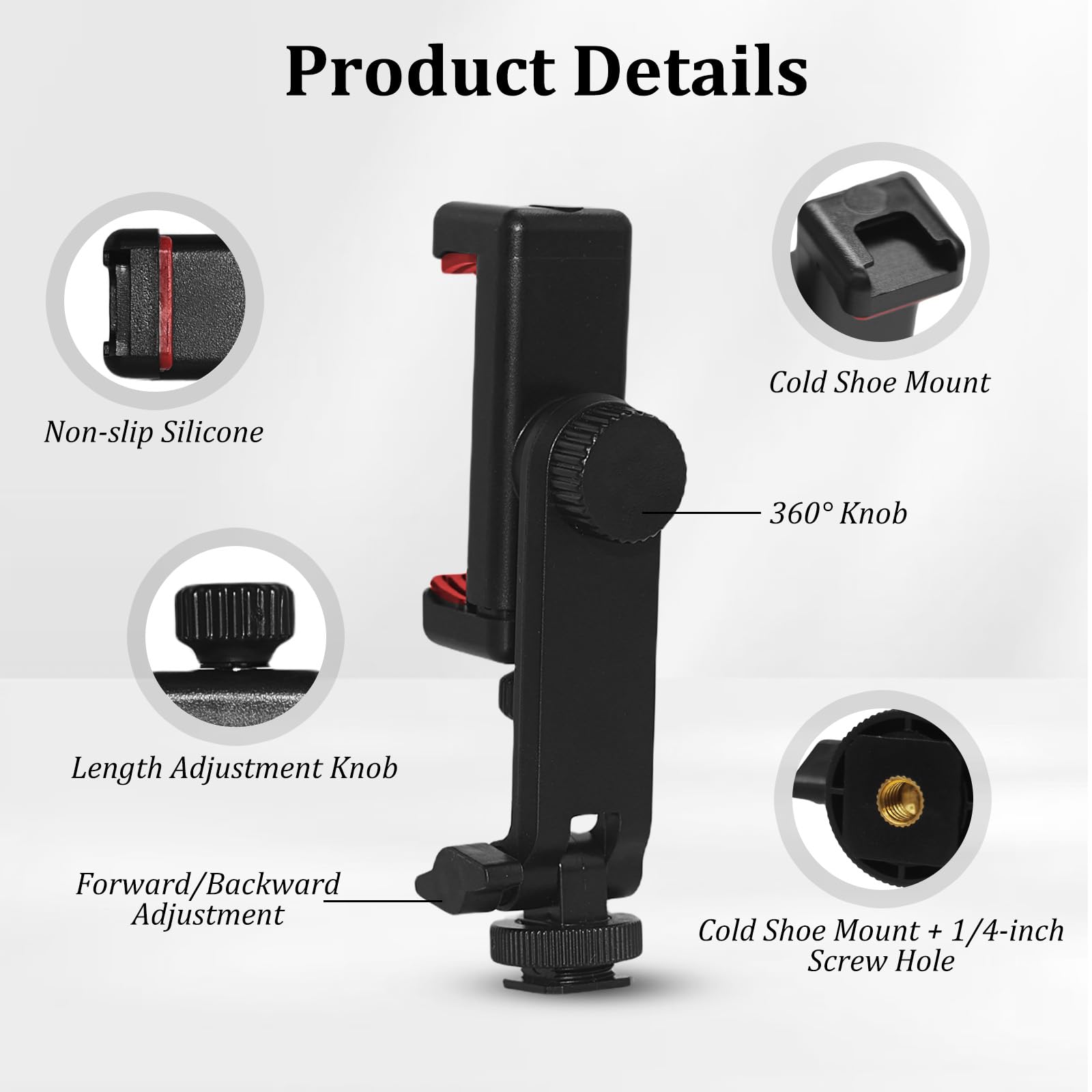 Soporte universal para teléfono para trípode y accesorios de cámara, abrazadera ajustable de aleación de aluminio para smartphone con soporte de zapata fría (negro rojo)