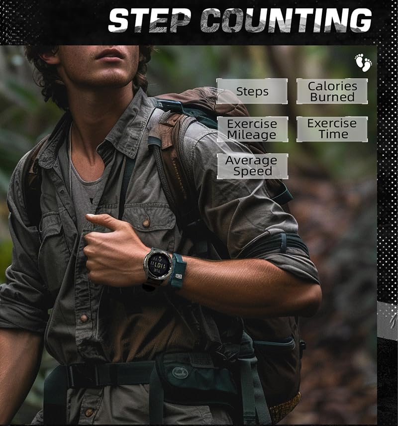 Image illustrating the step counting features of the NORTH EDGE C-Nexus watch, showing metrics like Steps, Calories Burned, Exercise Mileage, Exercise Time, and Average Speed.