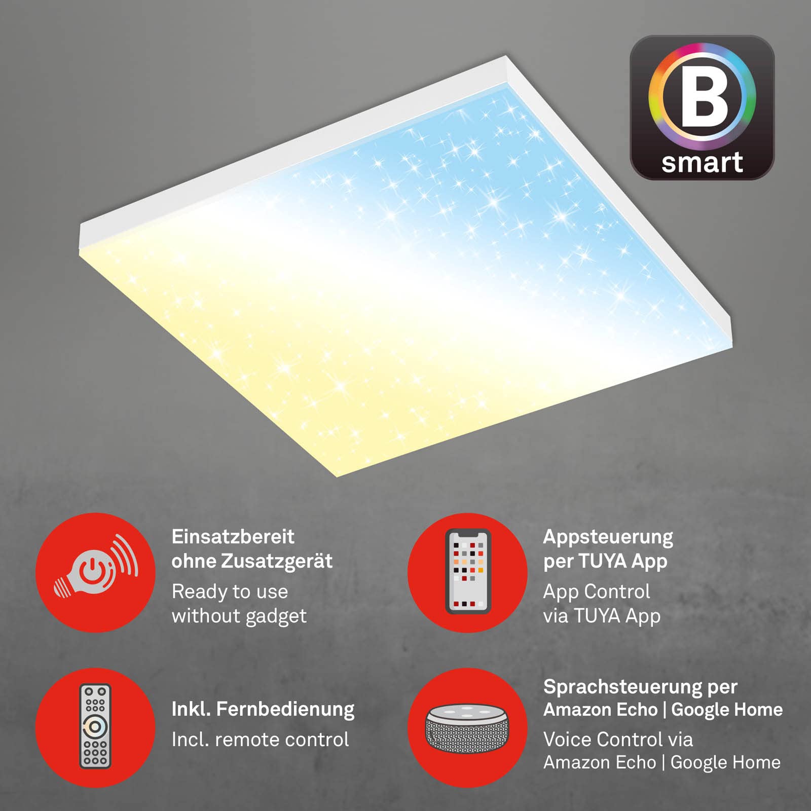 BRILONER - LED Deckenlampe flach Smart Home, funktioniert mit Alexa, Fernbedienung, Lampe, Deckenleuchte, Wohnzimmerlampe, LED Panel, Schlafzimmerlampe, Flurlampe, 45x45x6,9 cm, Weiß