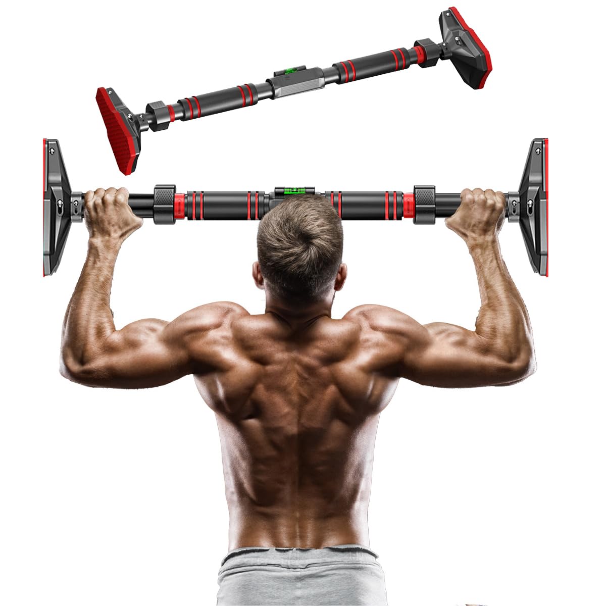 Pull Up Bar for Doorway, Strength Training with child Exercise Rings No Screws Chin Up Bar with Level Meter Adjustable Width Locking Mechanism, Max Load 660lbs for Home Gym