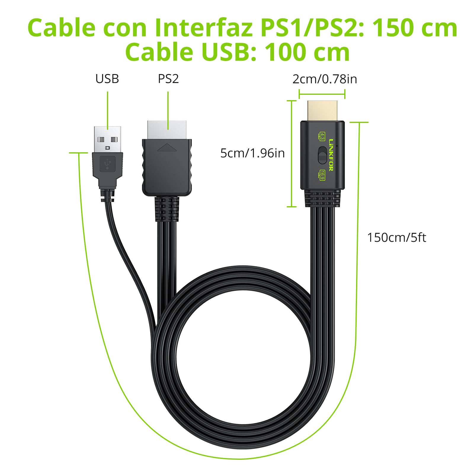 LiNKFOR Convertidor PS2 a HDMI 1080P 60hz,Adaptador HDMI Plug and Play con Conversión 16:9/4:3 para PS1/PS2