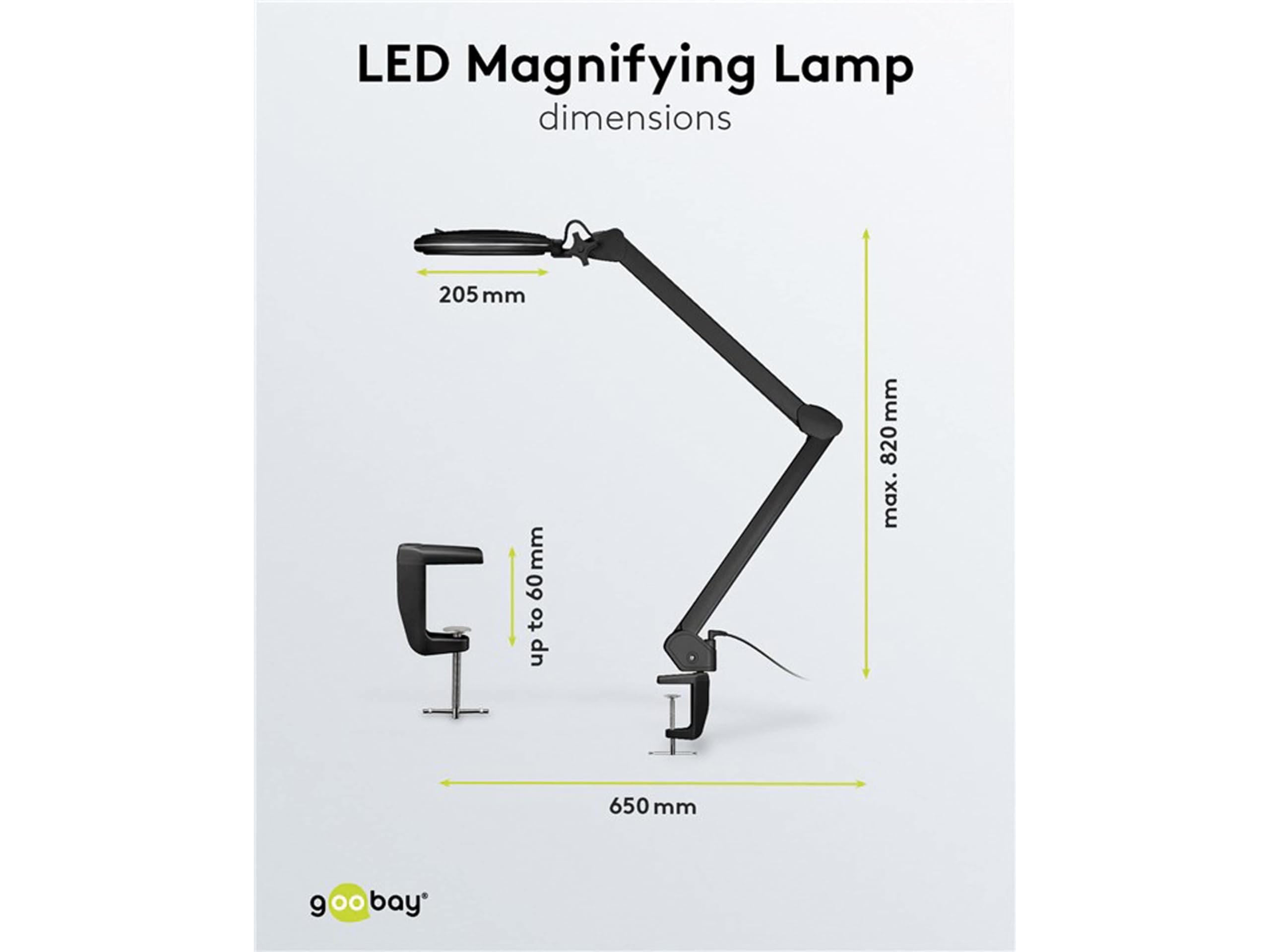 goobay 64986 Lámpara aumento LED 10W 800lm/ pinza/lente cristal 127mm 1,75 aumentos/lupa trabajo cosmética, soldadura, manualidades, leer/brazo articulado/lámpara sobremesa