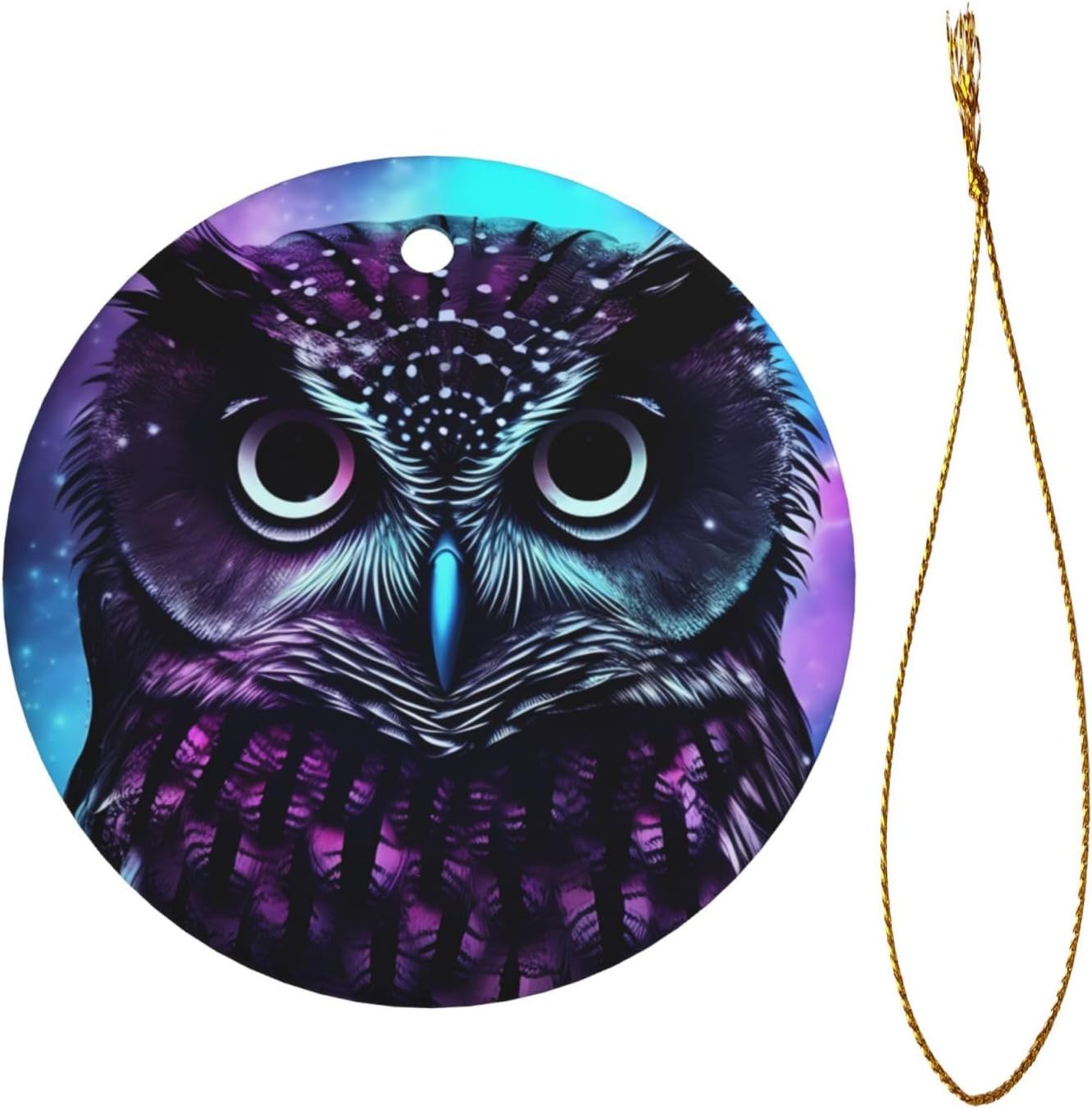 Purple Owl Christmas Ornament Round Ceramic Hanging Ornaments for Christmas Tree Holidays Ornaments with Gold Rope Hanging Porcelain Pendants for Party Xmas Decoration