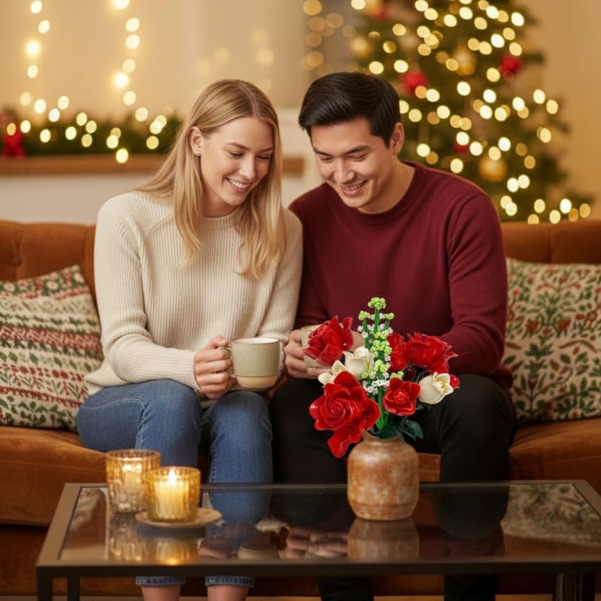 Miniatura 5 de WISEPLAY Juego de construcción de ramo de rosas, 697 piezas para mujeres, bloques de construcción de rosas rojas y blancas, flores sintéticas de