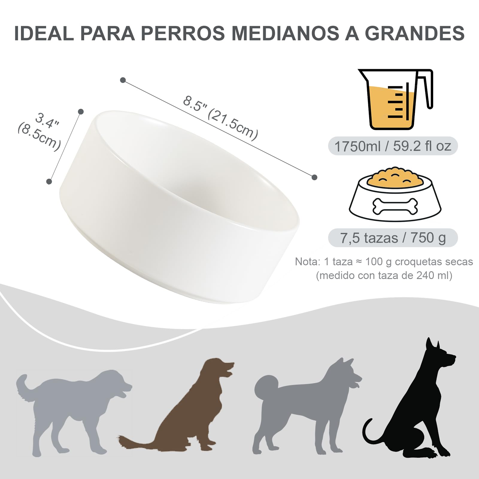 Ceramica Bebedero y Comedero Perro Antideslizante - Comedero para Perros Medianos y Grandes Ideal para Comida y Agua - 21,5 cm - 750 g / 1750 ml - Blanca