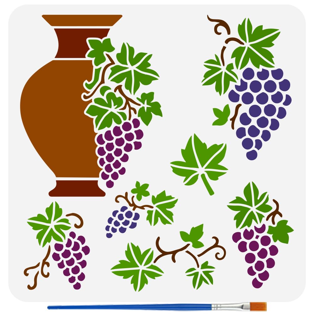 FINGERINSPIRE Ceramic Jars Stencils with a Brush 11.8x11.8Inch Grapes Painting Stencils Reusable PET Branches and Leaves Pattern Stencil Fall Theme