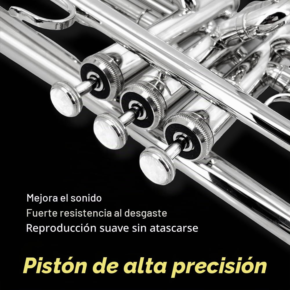 Yinfente Juego de trompeta estándar Bb para principiantes o avanzados, instrumento de trompeta de latón para estudiantes con estuche duro, boquilla 7C, kit de limpieza, guantes blancos plateados