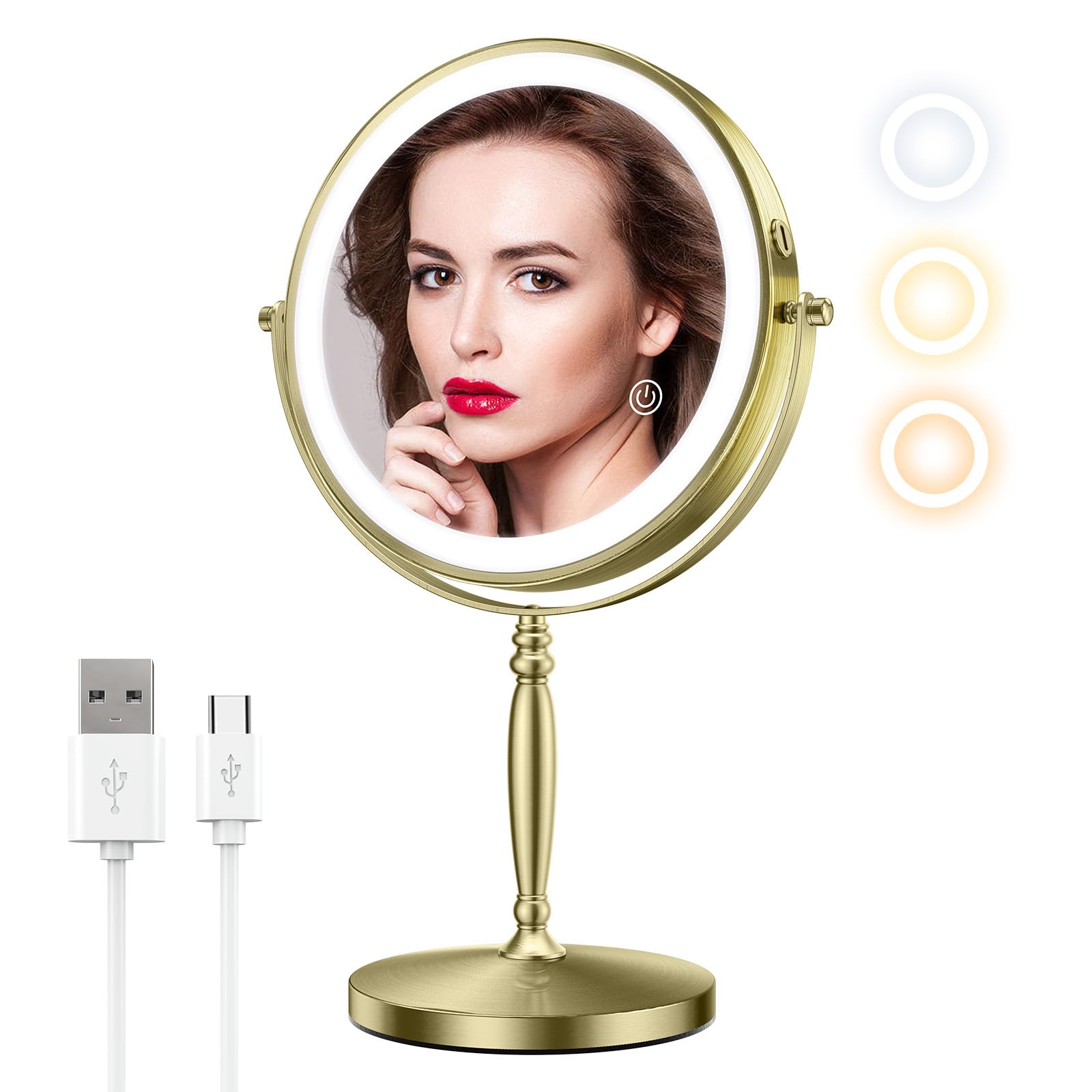 Matekxy 8" Lighted Makeup Mirror with Magnification - 1X/10X Dual Sided, Tabletop Mount, Rechargeable LED Lights, 3 Colors Dimmable, Brass Gold Finish-image-44