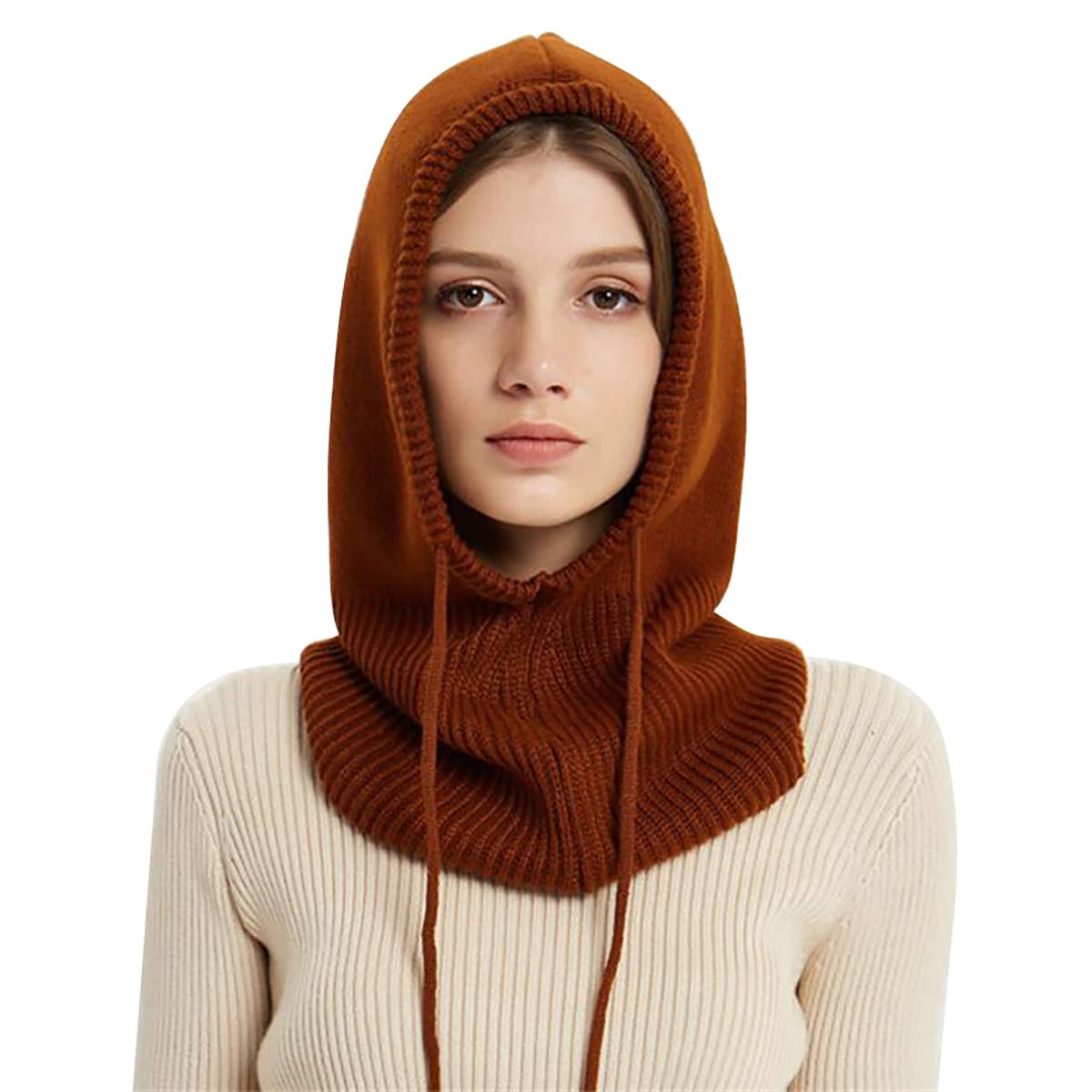 Winter-Unisex-Schalmütze, solide Strickschalmütze mit Kapuze und Kordelzug, verstellbare Sturmhaube für den Übermantel