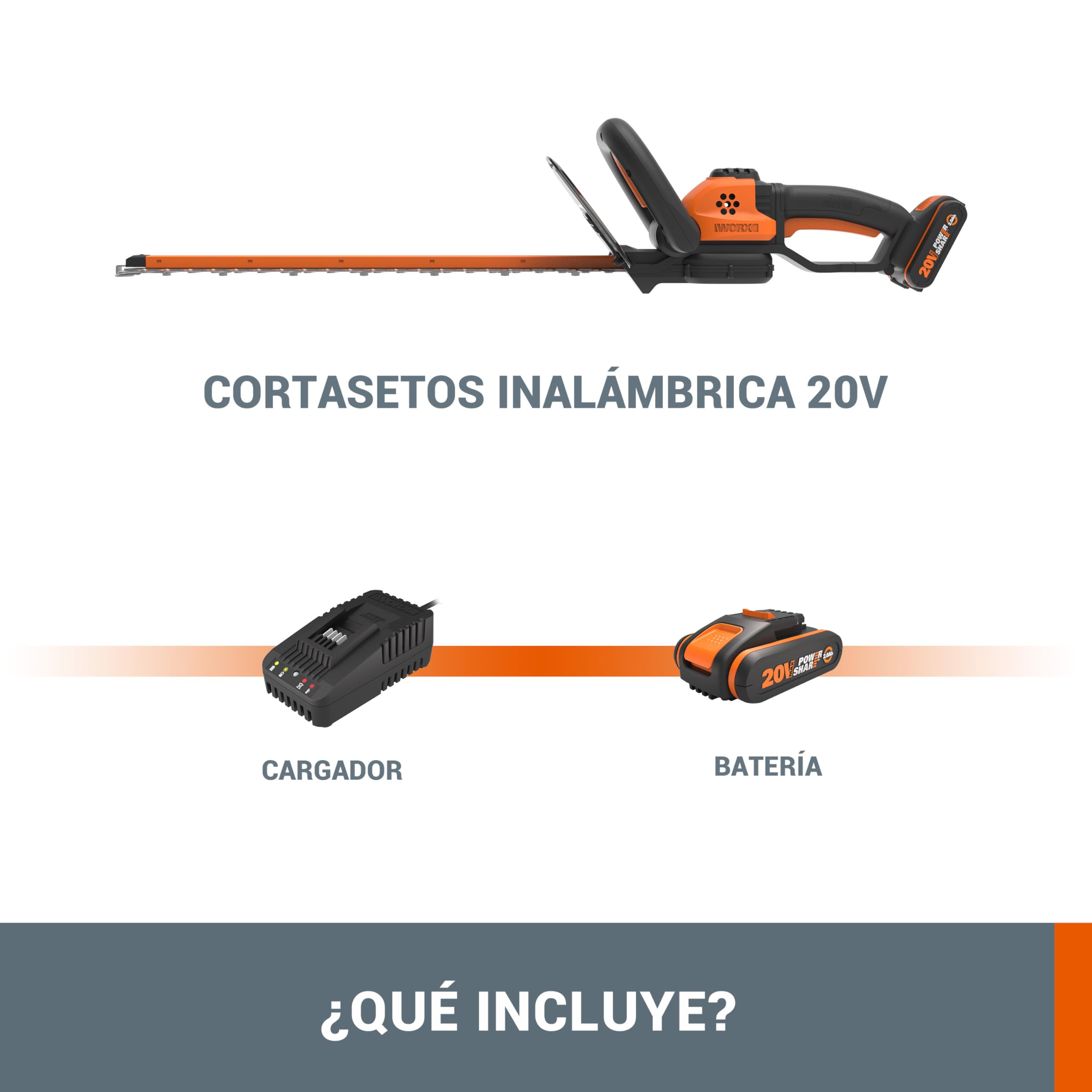 WORX Cortasetos a batería | WG264E | 20V Máx. | Batería 20V – 2Ah y Cargador Incluido |PowerShare | Cuchilla Doble Longitud Cuchilla 56 cm | Distancia Entre Dientes 20 mm |