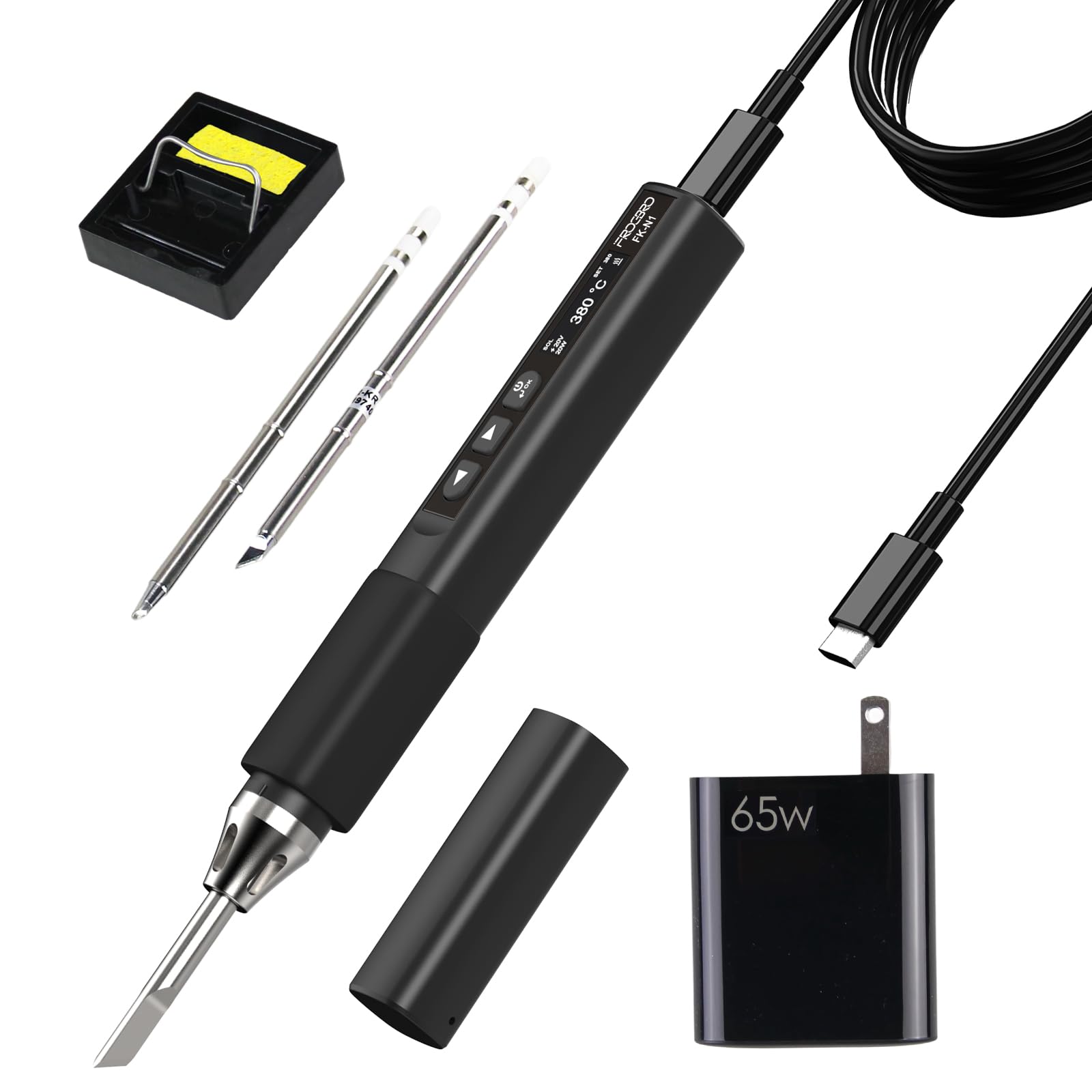 Kit de bolígrafo de soldador DC 65W compatible con PD QC, estación de soldadura portátil tipo C con 3 puntas, cable de soldadura, tapa protectora