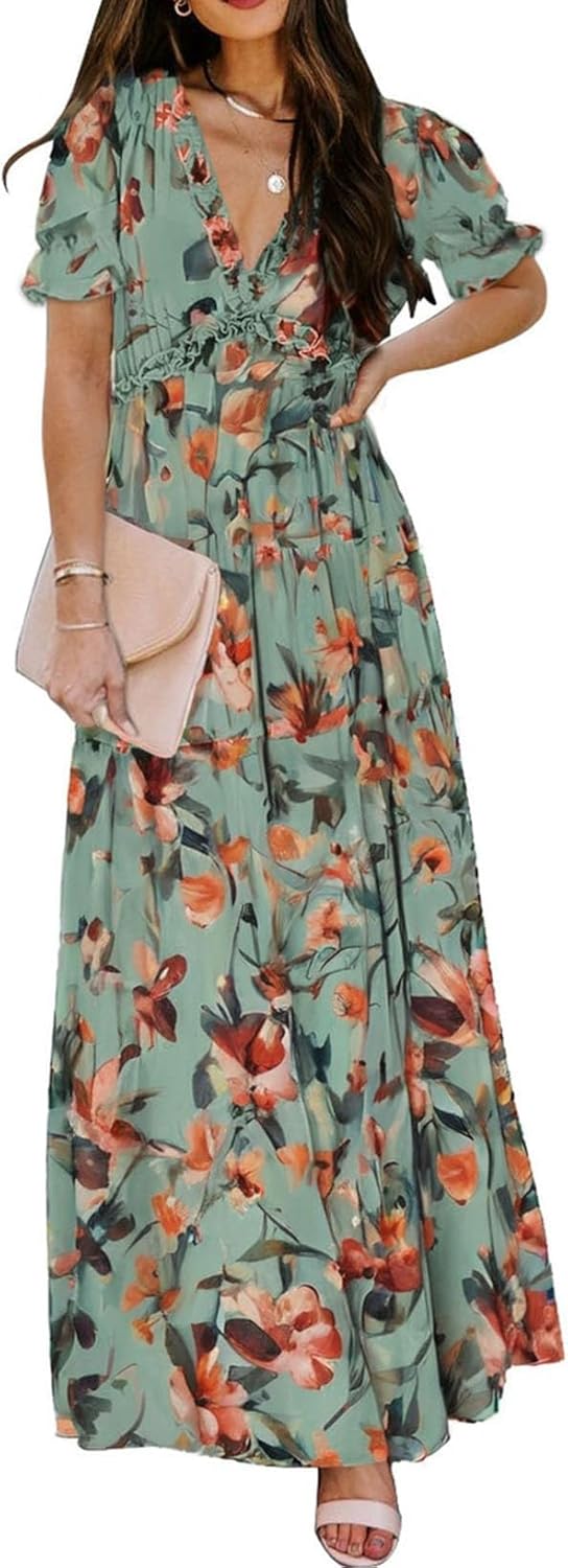 BLENCOT Womens Casual Boho Floral Printed V Neck Short Sleeve Long Evening Dress Ruched Cocktail Party Maxi Wedding Dress
