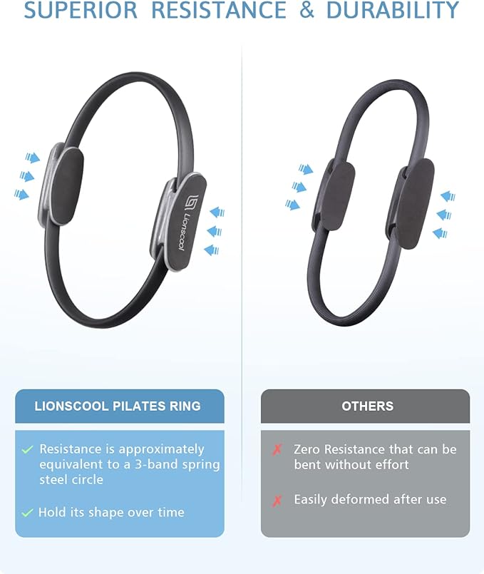 Backed by a 90-day limited warranty, the LIONSCOOL Pilates Ring Set is designed for durability and safety. Plus, you'll receive a bonus rope bag to keep your ring safe and secure on the go, as well as a large Pilates workout poster to help you plan your routines like a pro. Whether you're just starting your Pilates journey or looking to upgrade your essentials, this set has everything you need to harness the power of Pilates in the comfort of your own home. Description by ChatGPT.