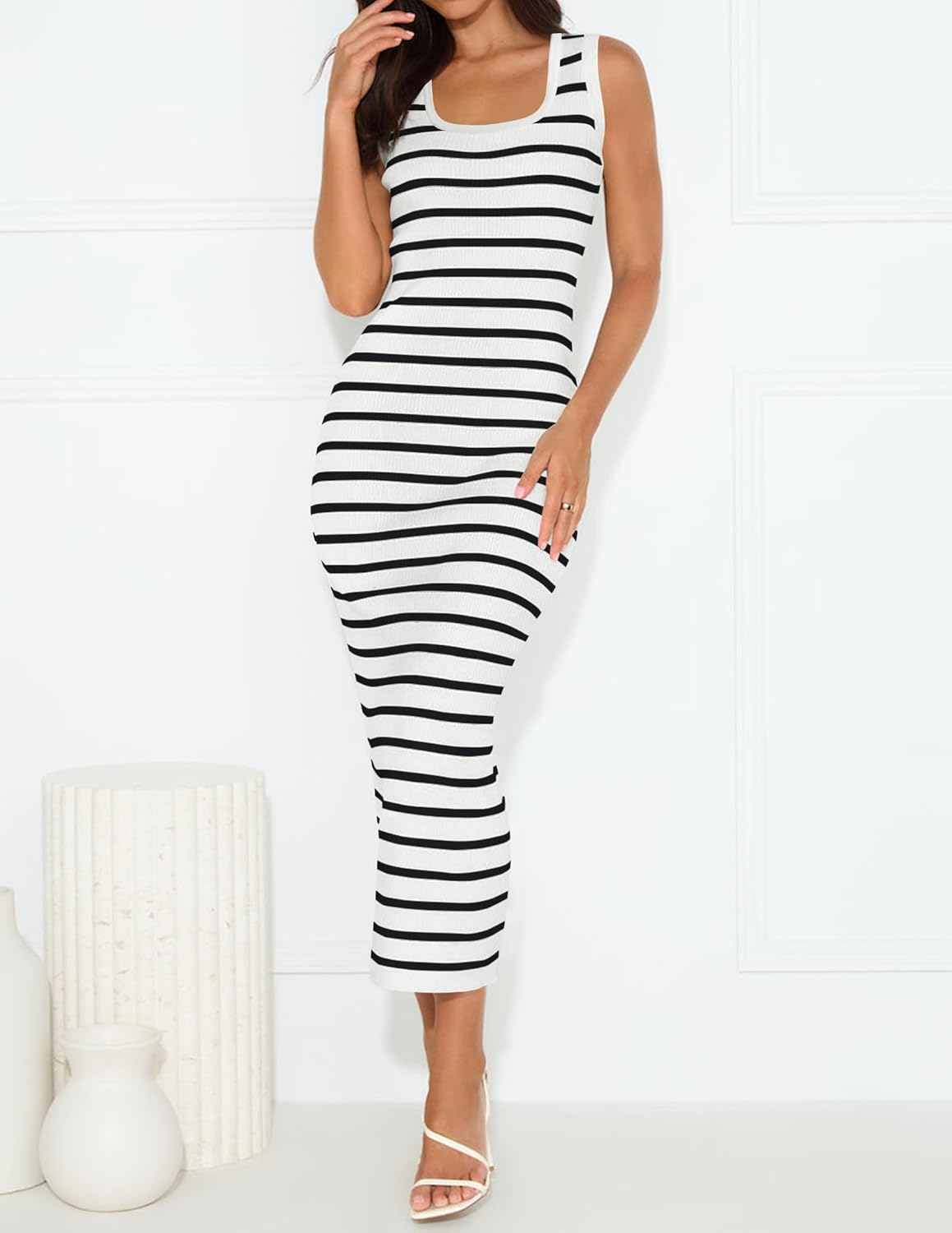 ZESICA Women's Summer Square Neck Bodycon Midi Dresses 2026 Casual Sleeveless Ribbed Knit Striped Beach Vacation Long Dress - Image 7