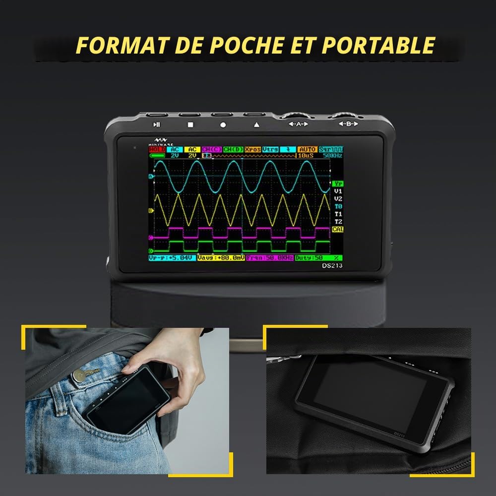 MINIWARE Oscilloscope Portable DS213, Oscilloscope Portable Mini Taille Portable, Batterie Rechargeable Intégrée, 4 Canaux, Bande passante 15Mhz, Oscilloscope d'Entrée de Niveau pour Débutant