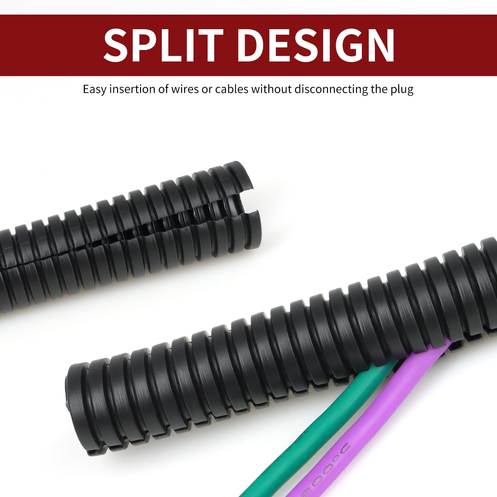 Tubo de telar de alambre dividido, protector de cable flexible para cableado automotriz, cine en casa, gestión industrial de cables (negro, 34,5 mm) - 10 pies