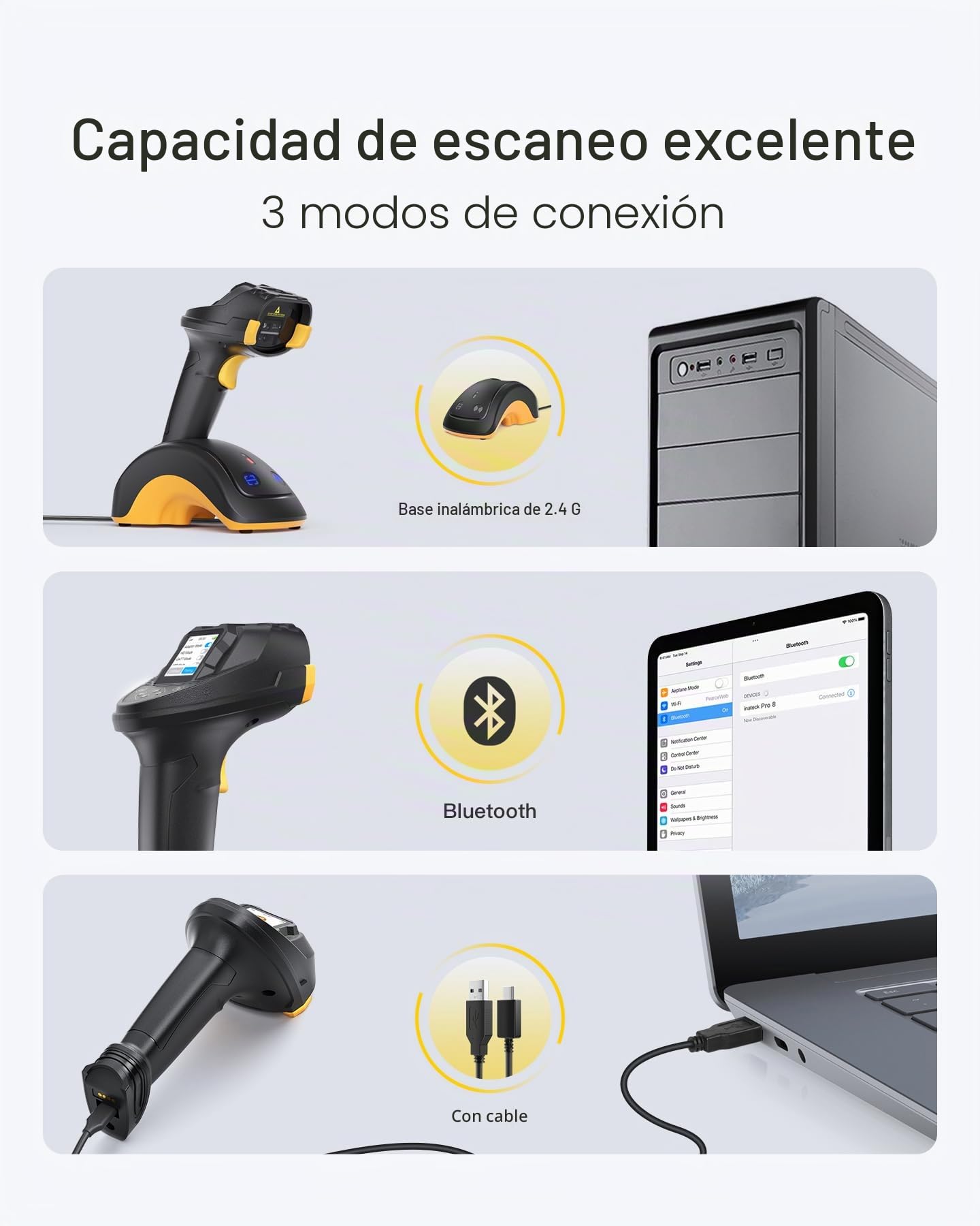 Inateck Escáner de Códigos de Barras Inalámbrico 2D con Pantalla, Doble Sensor CMOS CCD para Códigos Largos y Borrosos, Lector QR Bluetooth con Base de Carga, Teclado de Configuración, Soporta App SDK