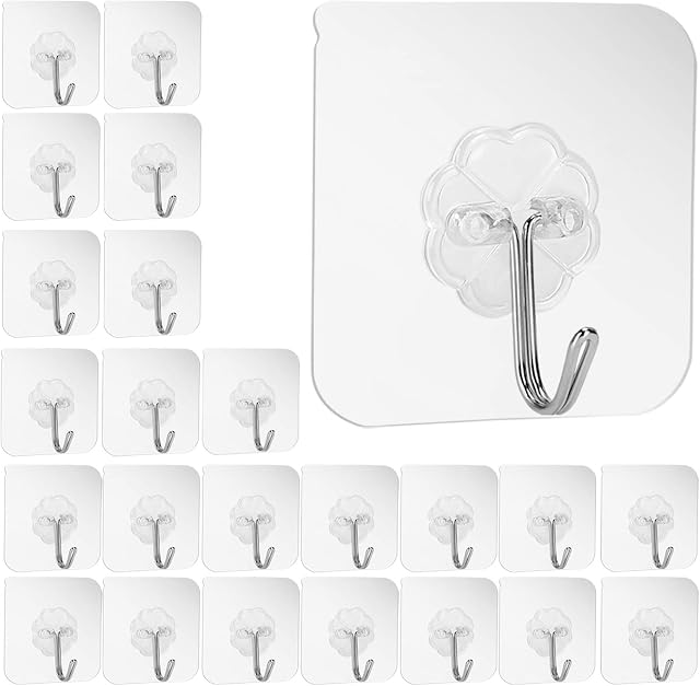Alliebe 24pcs Adhesive Hooks Wall Hooks 6KG(Max) Transparent Reusable Seamless Nail Hooks Waterproof and Oilproof,Bathroom Kitchen Utility Towel Mug Cups Spatula Can Opener Scissors Hooks