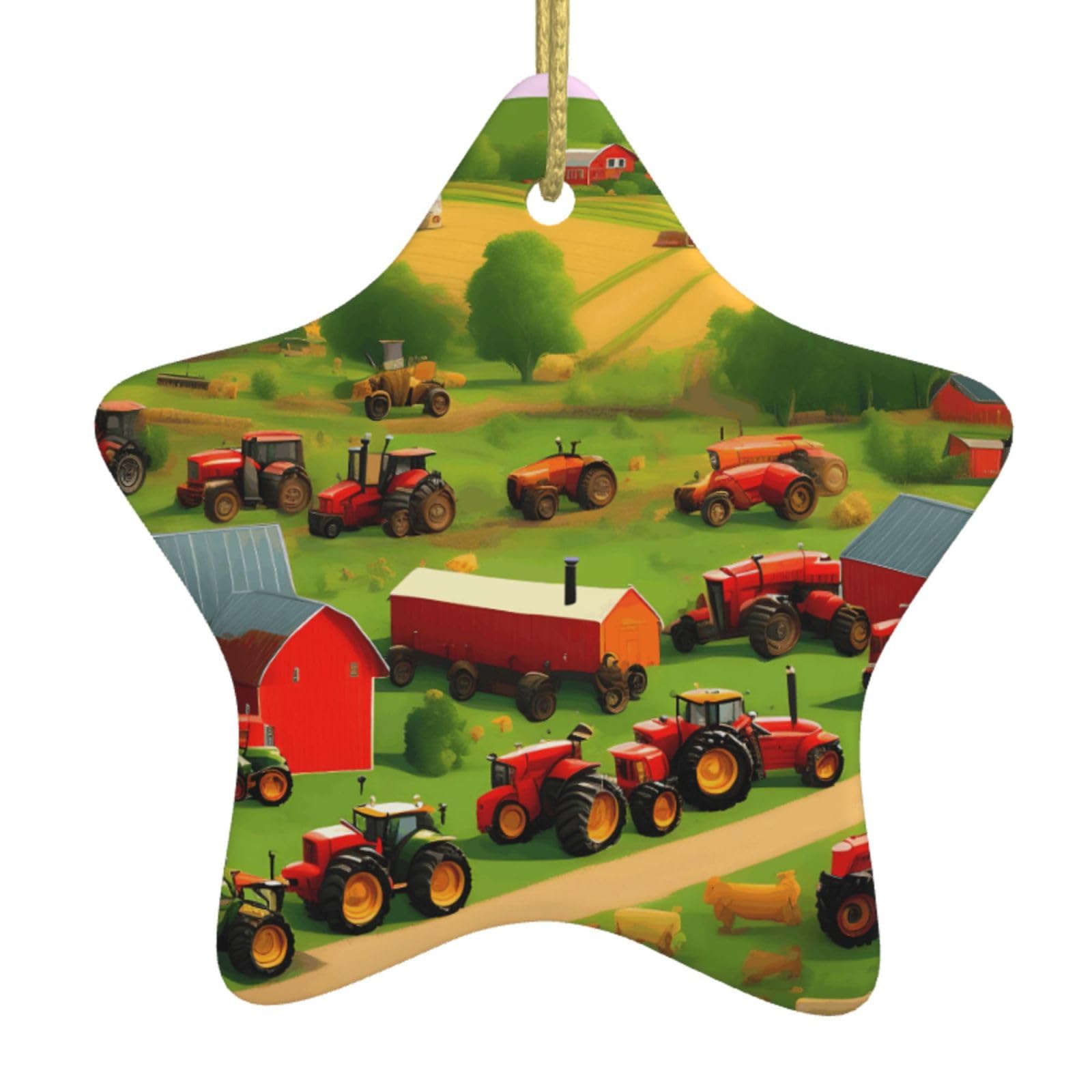 Nbtghga White Tractor Farm Print Christmas Ornaments, Ceramic Hanging Ornament, Round Shape Decorations