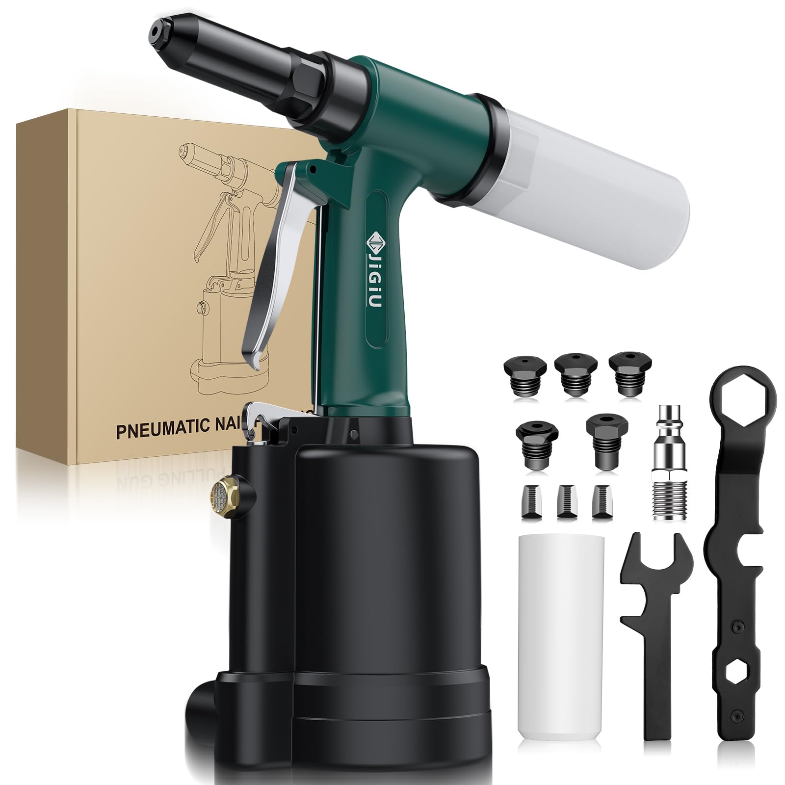 JiGiU Zestaw szczypiec do nitowania na sprężone powietrze, pistolet do nitowania zrywalnego, z 5 ustnikami 2,4 mm, 3,2 mm, 4,0 mm, 4,8 mm, 6,4 mm, pistolet do nitowania pneumatycznego (zielony)