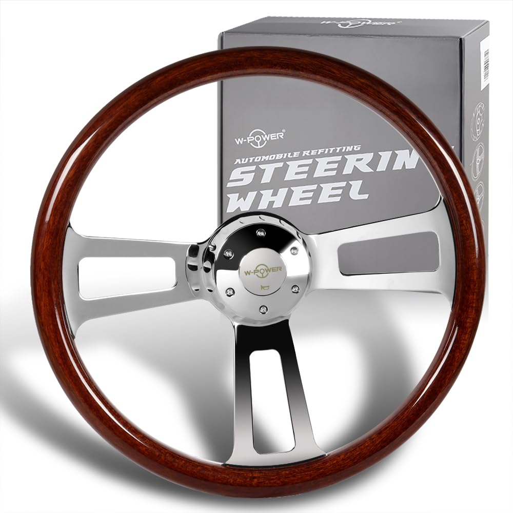 W-Power, 17" Universal 432mm 5 Bolt Hole 2.5 Inches Deep Dish with Aluminum Polished Euro Vintage Style Wood Grip Steering Wheel, Chrome Horn Button (
