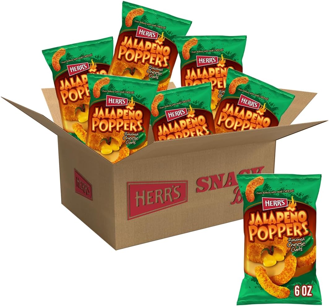 Herr's Jalapeño Poppers Flavored Cheese Curls - Made with Cheddar Cheese - 6 Ounce (Pack of 6) Great for Bold Flavor Fans