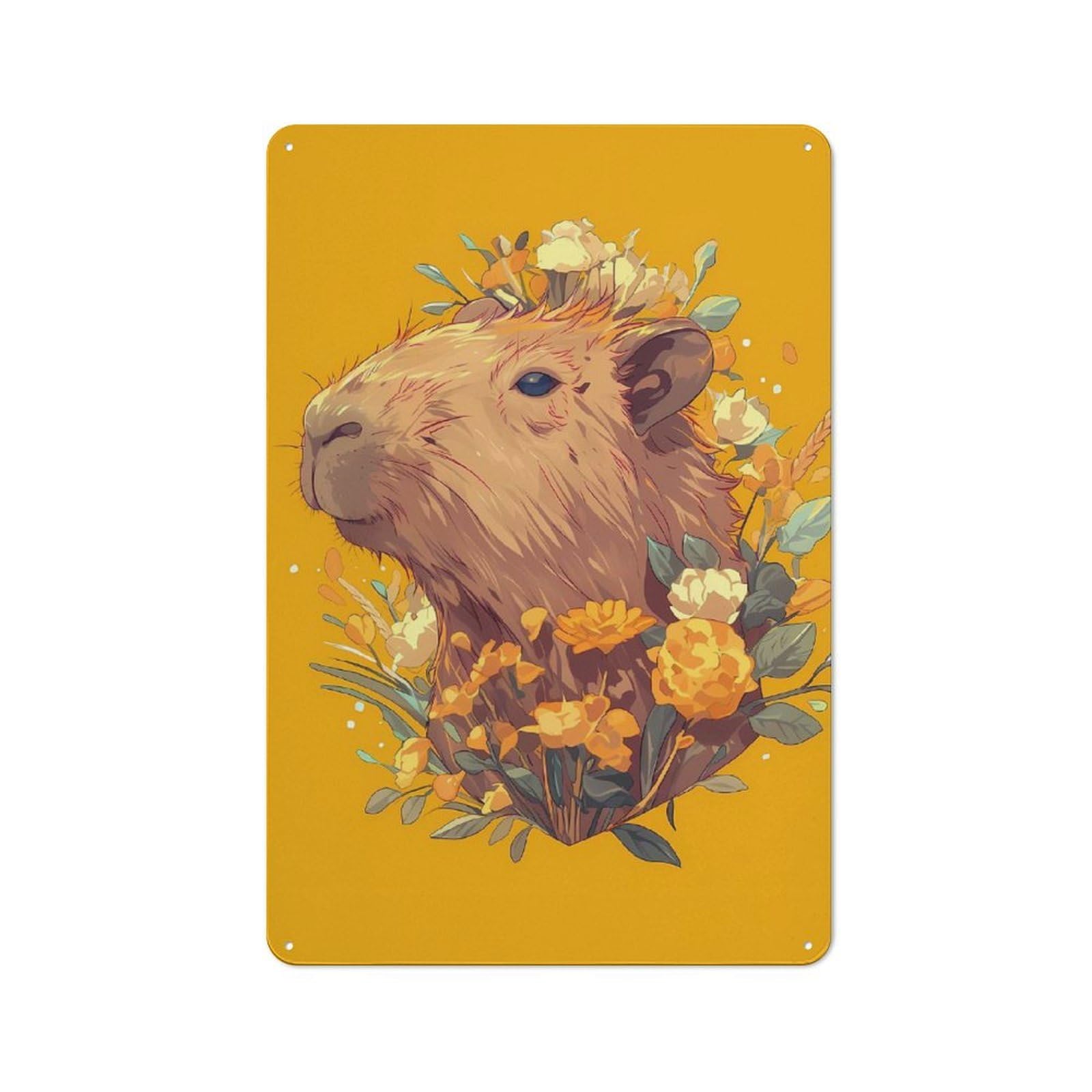 Capybara with Flowers on Yellow Background Retro Metal Wall Decor 30x20cm, Metal Sign for Pub, Home Bar, Shed Or Man Cave, for Relaxed Wall Styling