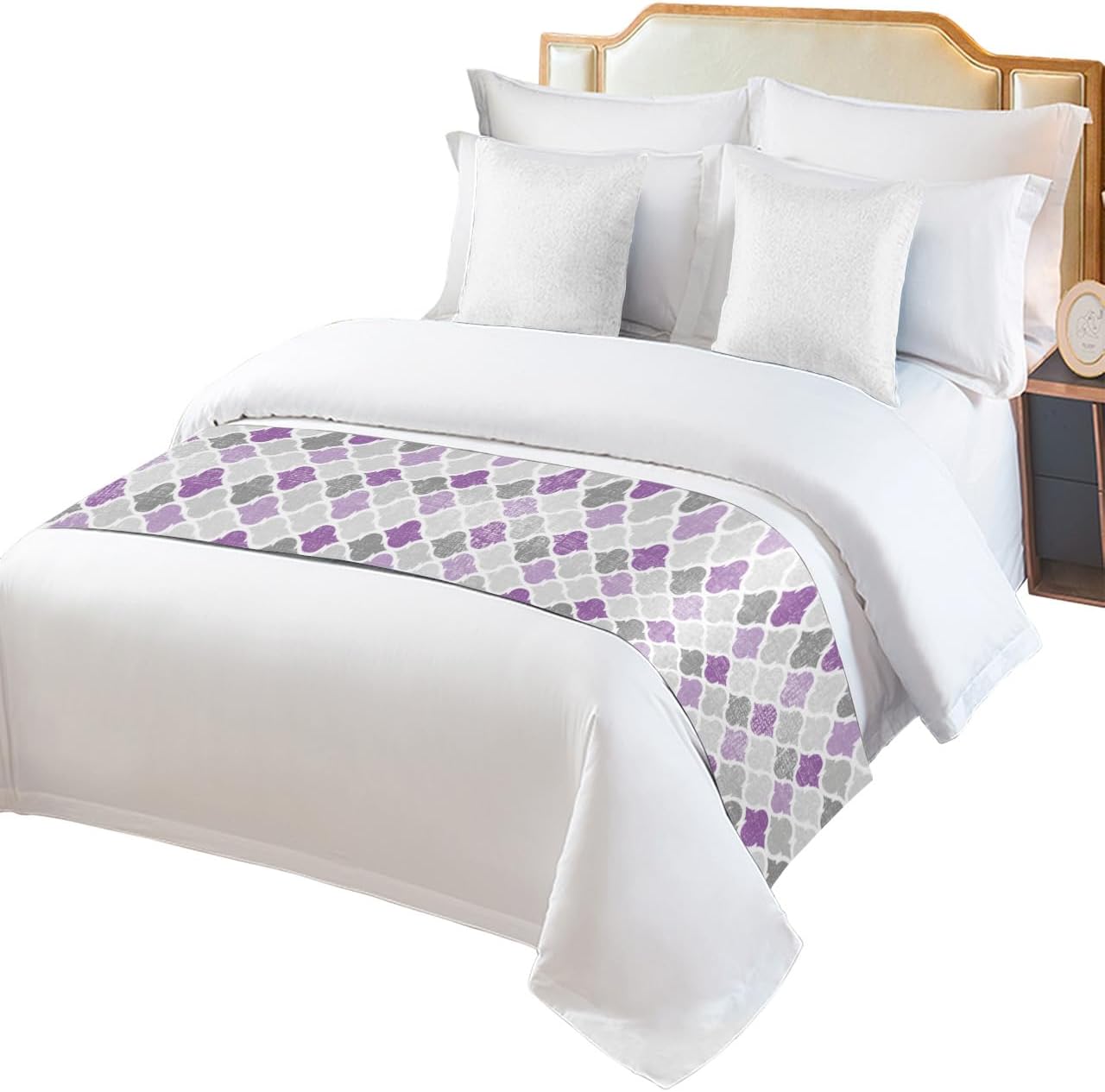 Teamery Bed Runners & Scarves, Vintage Moroccan Pattern Purple and Gray Bed Runner, Bed Scarf Protector Decorative Accent Bedding Scarf for Hotels Homes and Guestrooms, 71 x 20 inches