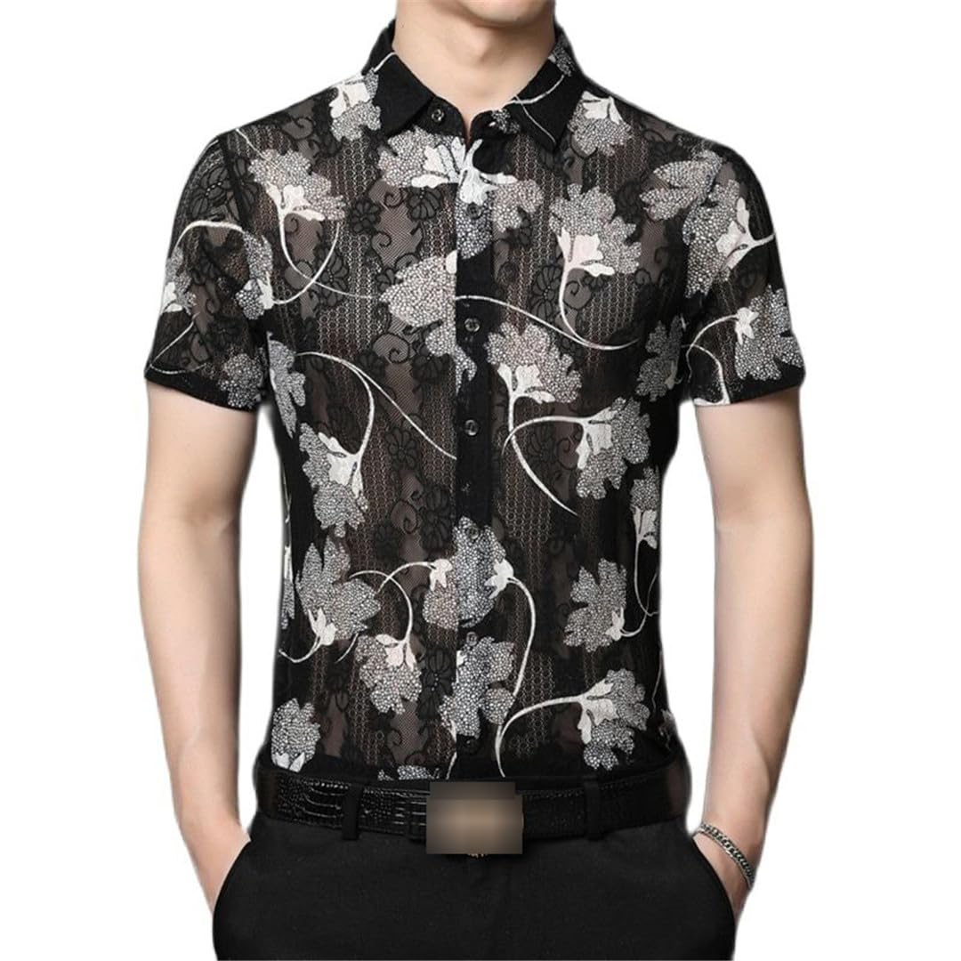 Yeuyyben Camicia da Uomo Sexy in Maglia Floreale Trasparente Camicia Estiva A Maniche Corte Scava Fuori Camicie Slim Fit Nightclub Party Top Trasparente