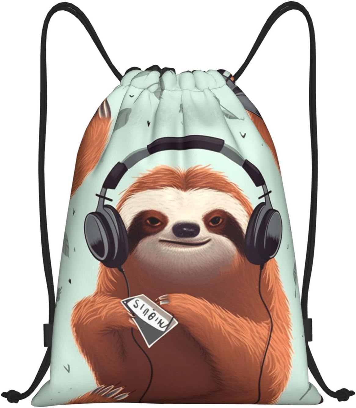 funny Cute Animal Sloth Music Drawstring Backpack Lightweight Drawstring Bag for Men Women Gym Bag Sports Cinch Bags Medium